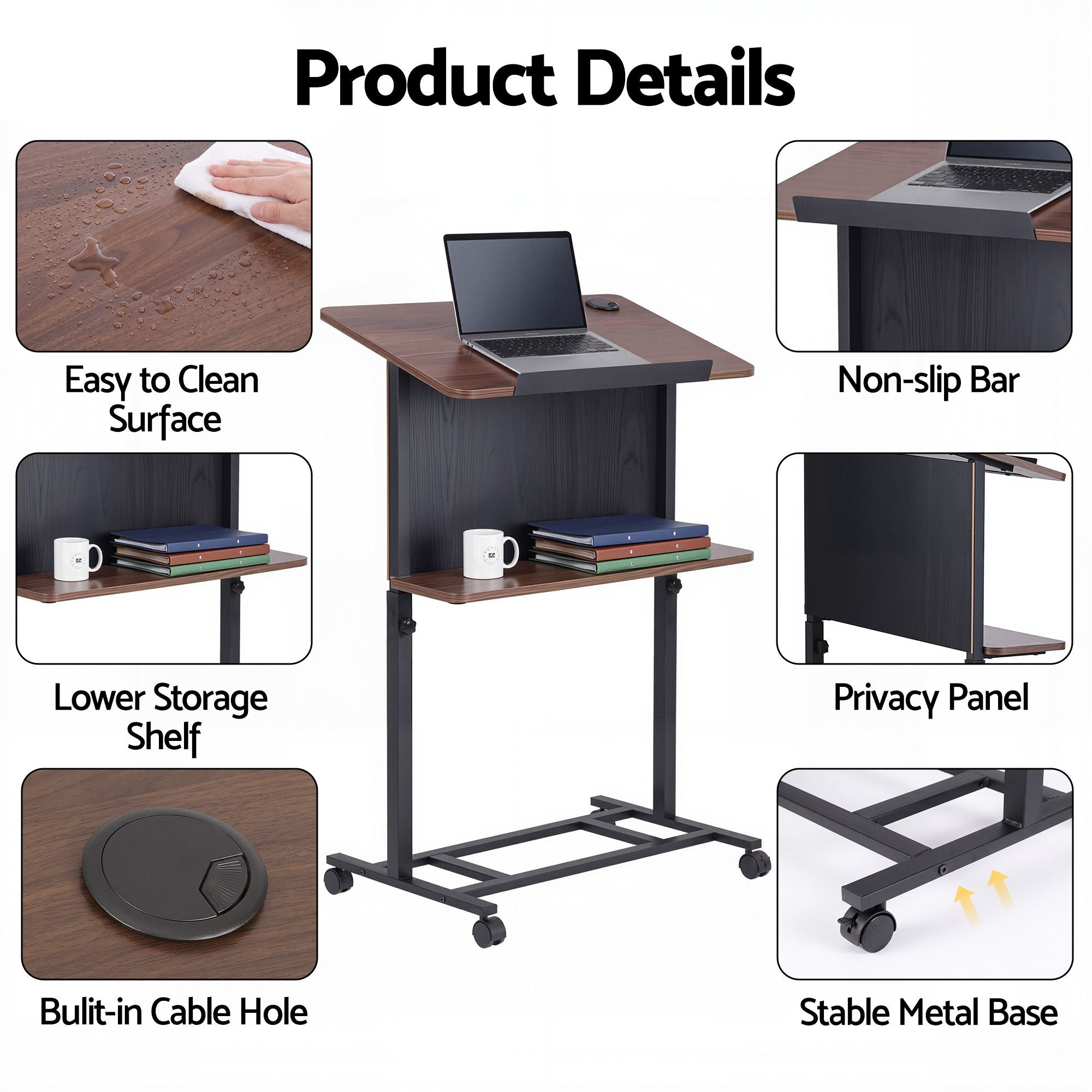 Mobile Lectern Podium Stand with Storage Shelf and Height Adjustable Laptop Desk - Black & Walnut