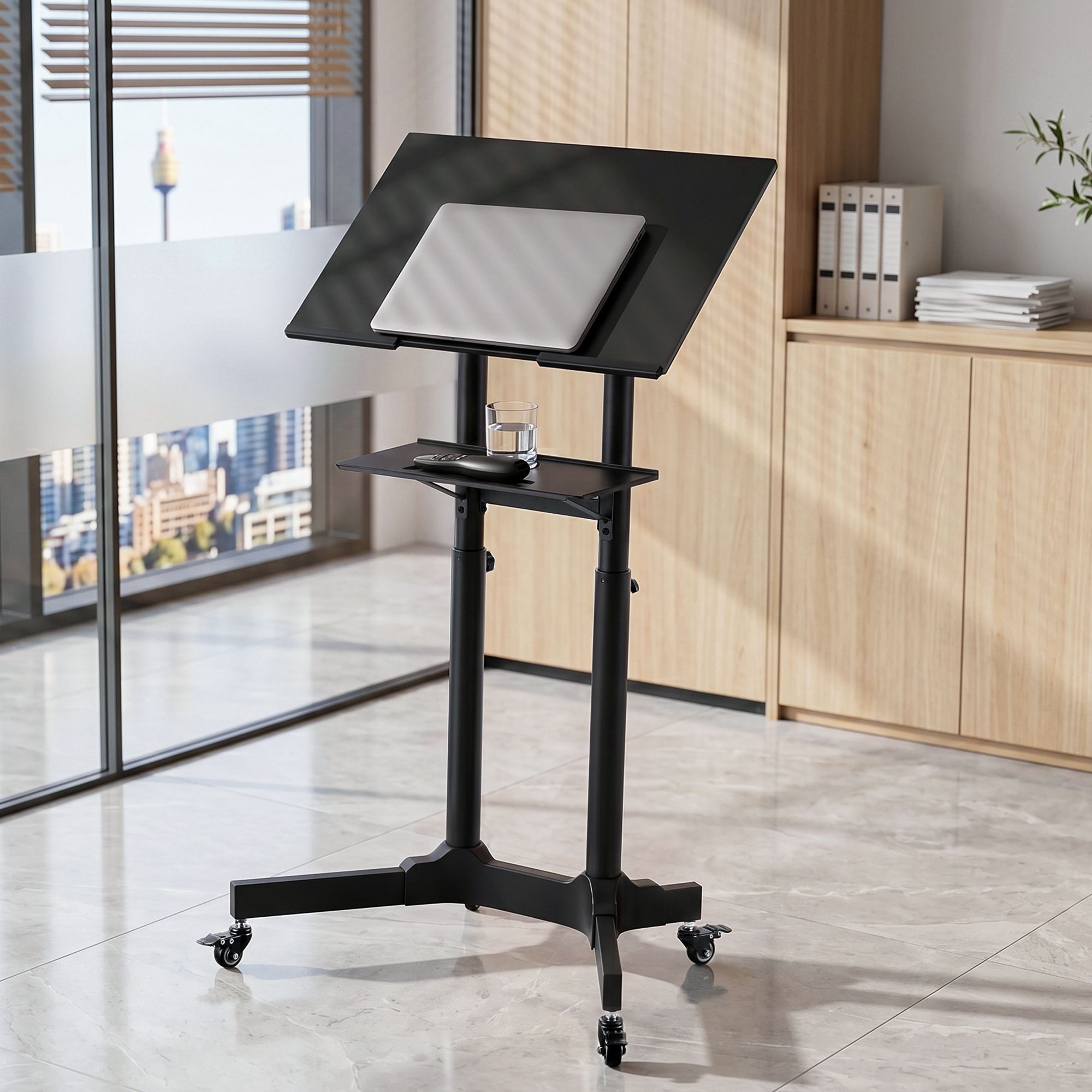 Adjustable Mobile Sit-to-Stand Lectern Podium with Wheels - Black