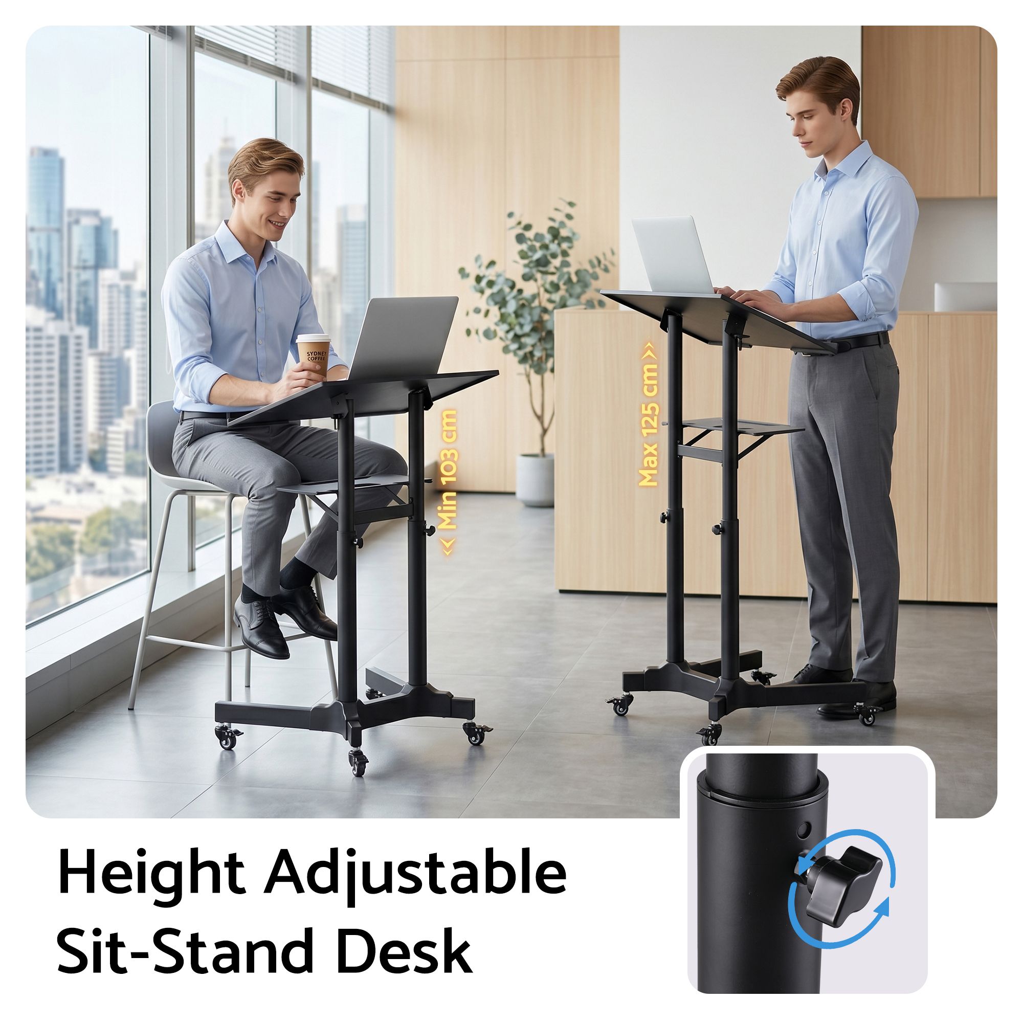 Adjustable Mobile Sit-to-Stand Lectern Podium with Wheels - Black