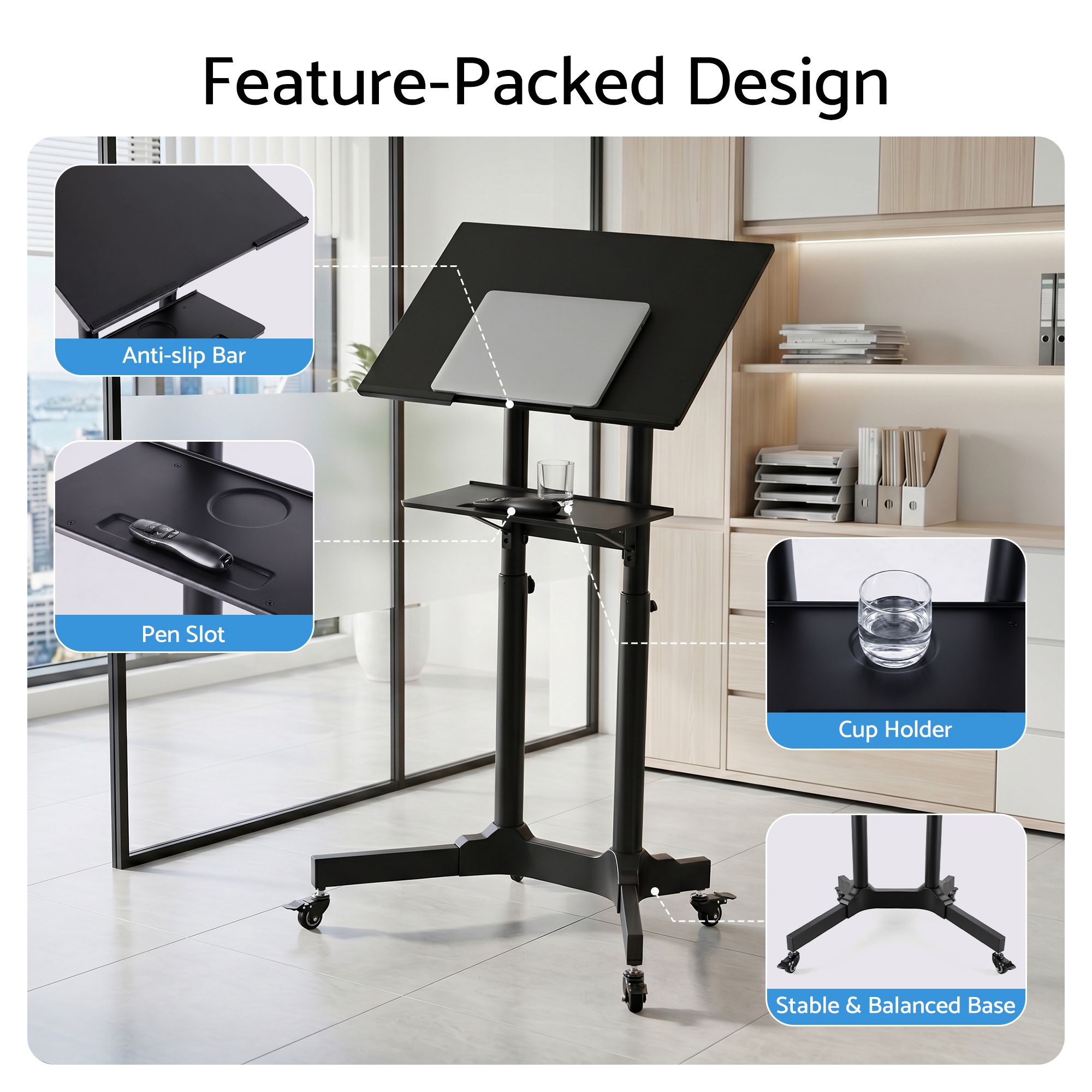 Adjustable Mobile Sit-to-Stand Lectern Podium with Wheels - Black