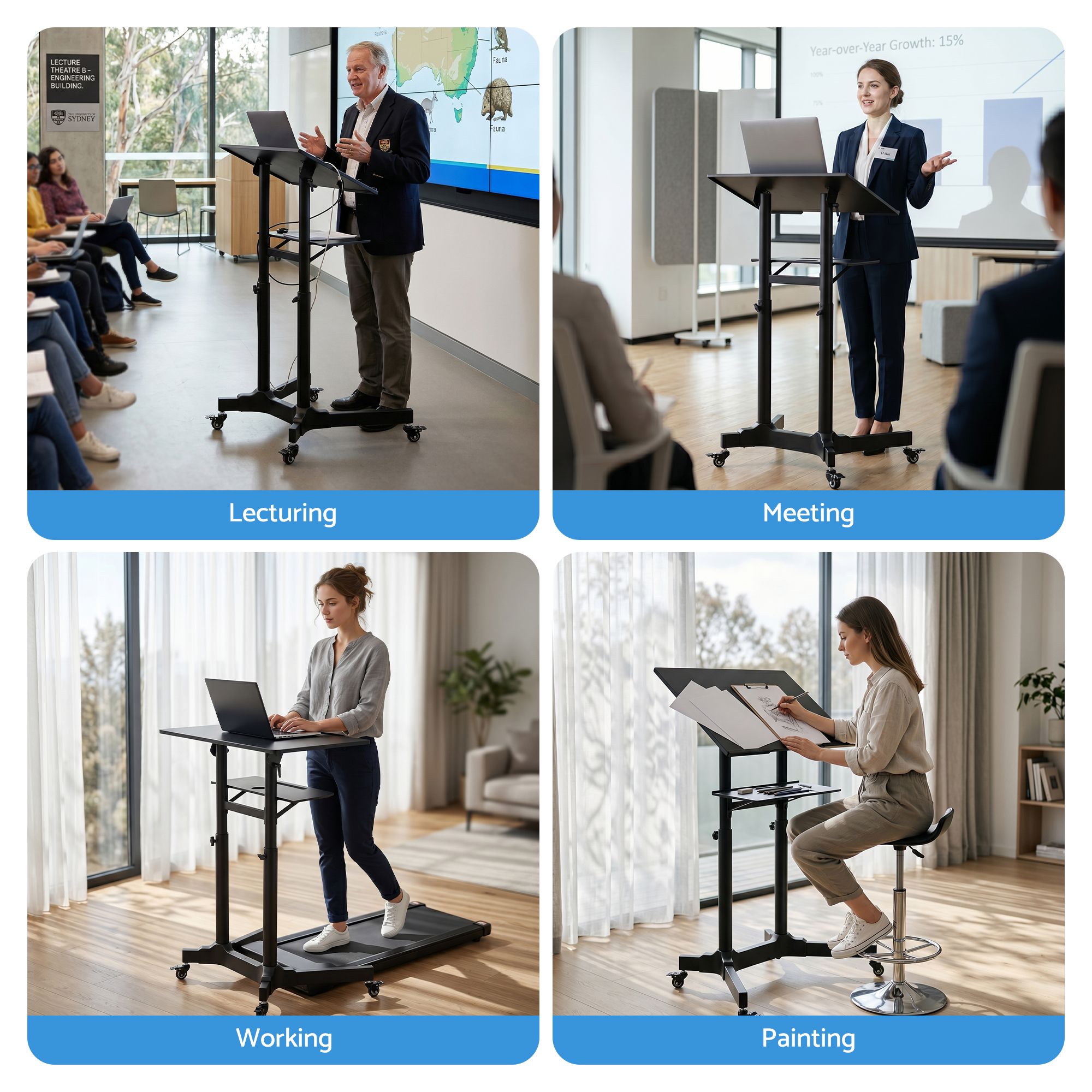 Adjustable Mobile Sit-to-Stand Lectern Podium with Wheels - Black