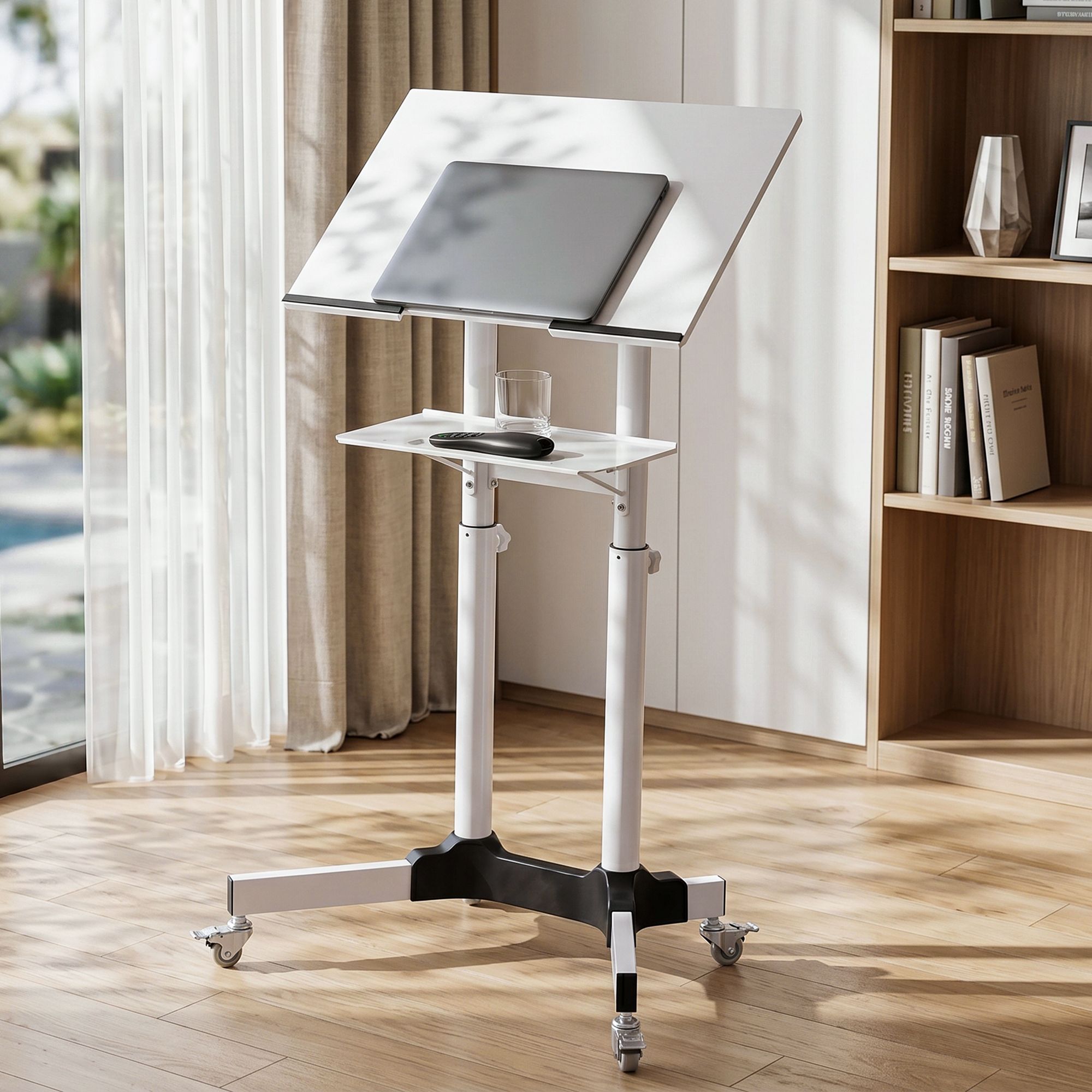 Adjustable Mobile Lectern Stand with Wheels Sit-to-Stand Podium - White