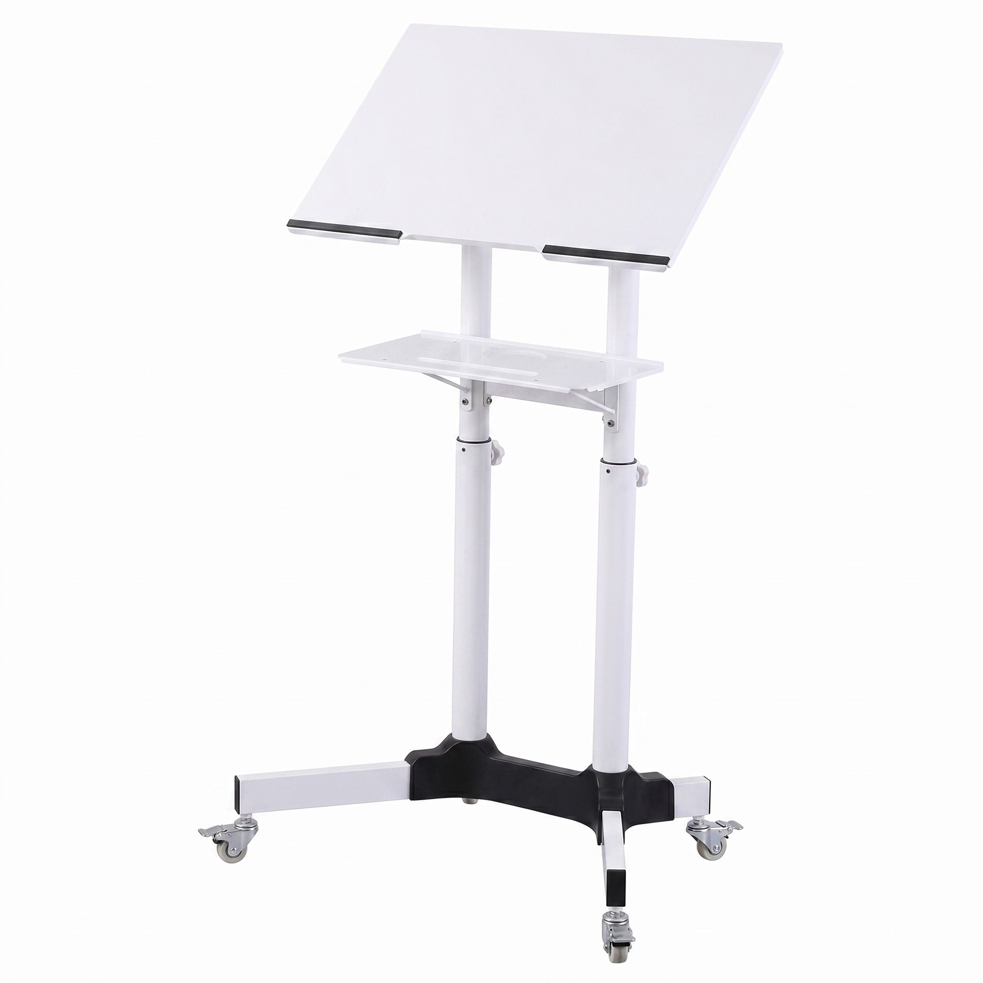 Adjustable Mobile Lectern Stand with Wheels Sit-to-Stand Podium - White