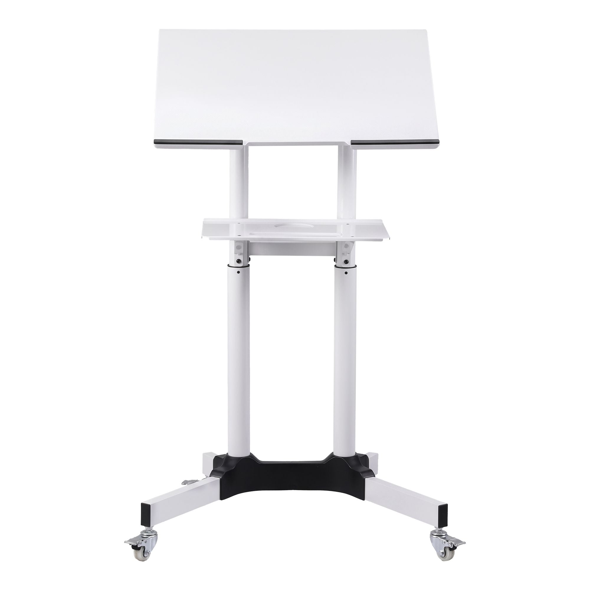 Adjustable Mobile Lectern Stand with Wheels Sit-to-Stand Podium - White