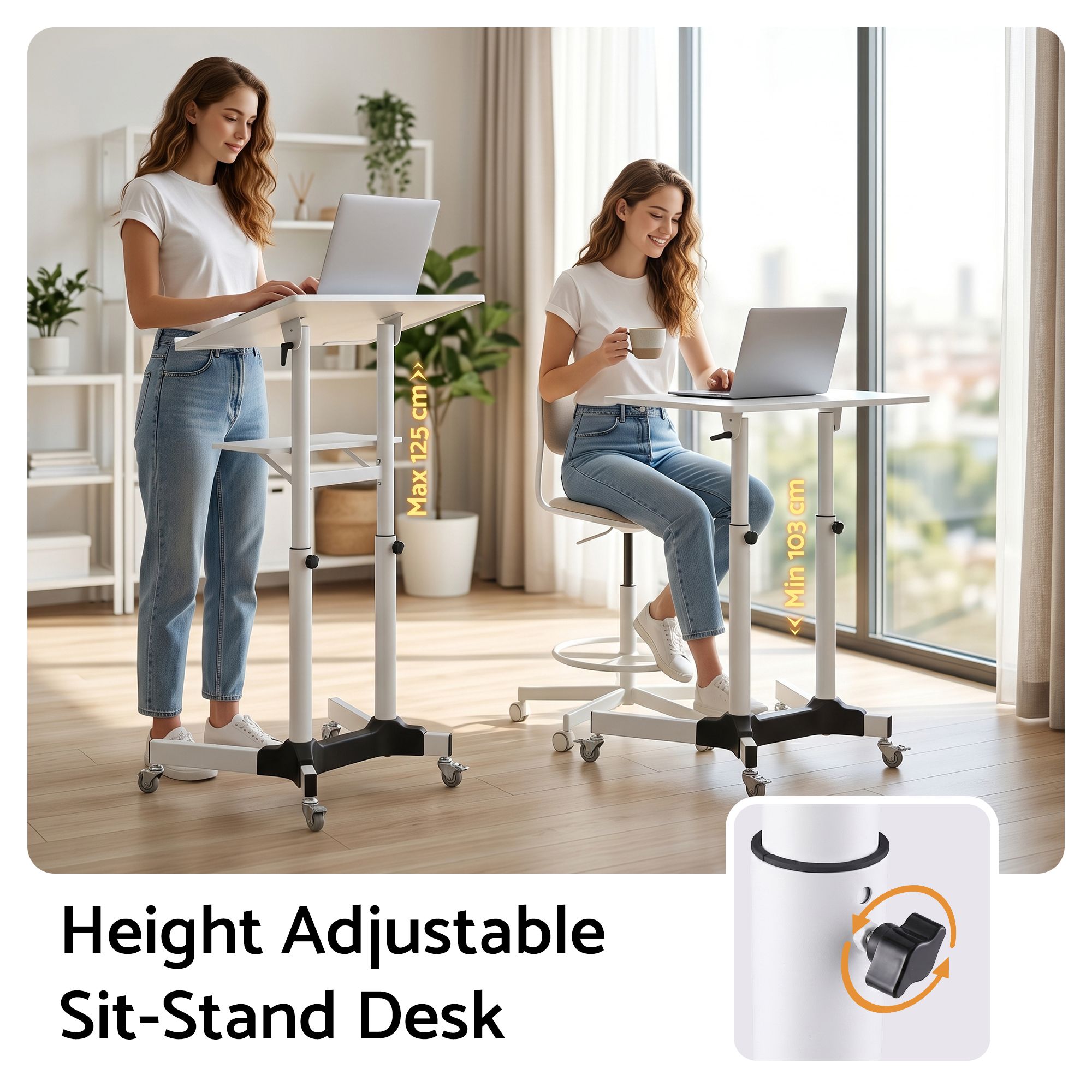 Adjustable Mobile Lectern Stand with Wheels Sit-to-Stand Podium - White