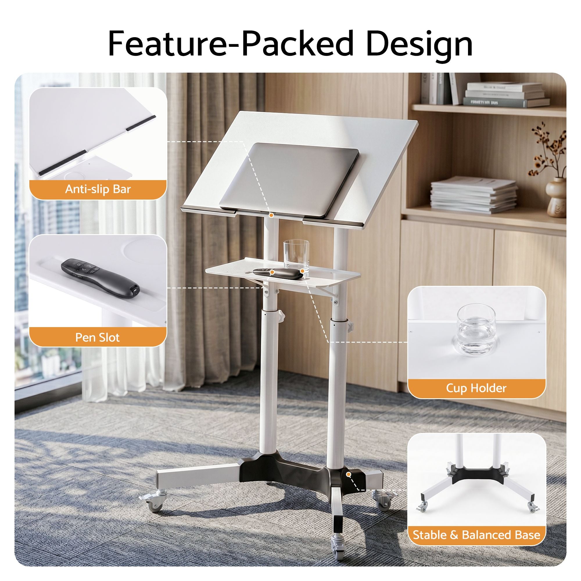 Adjustable Mobile Lectern Stand with Wheels Sit-to-Stand Podium - White