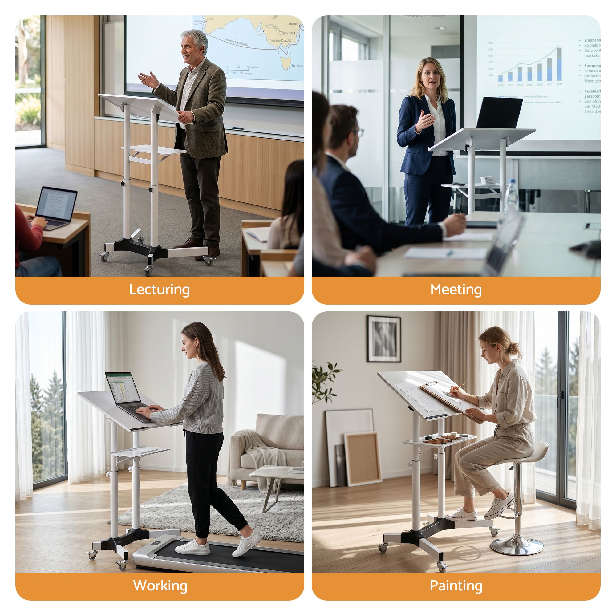 Adjustable Mobile Lectern Stand with Wheels Sit-to-Stand Podium - White