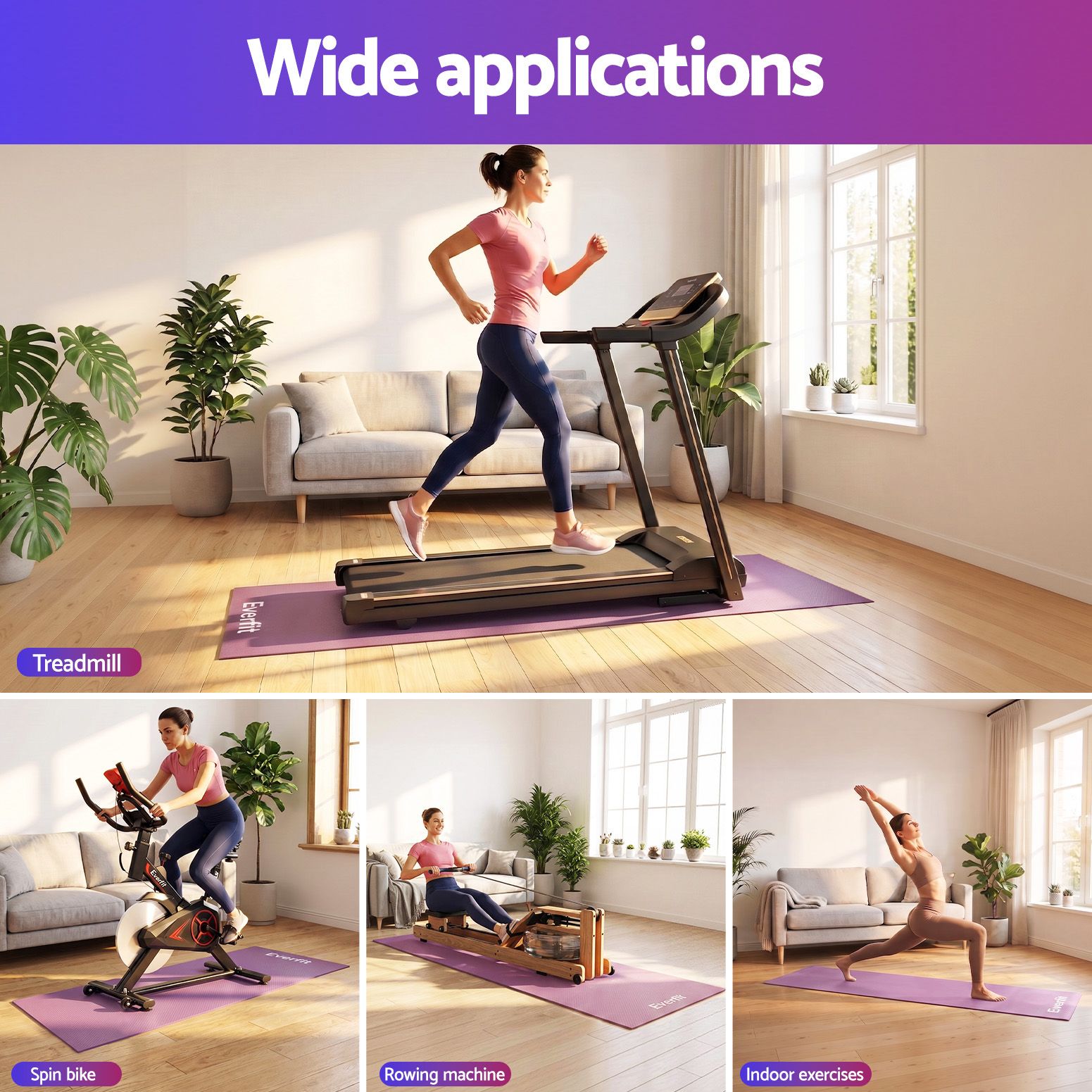 Exercise Equipment Mat 2M Treadmill Floor Rug Home Gym Fitness Purple