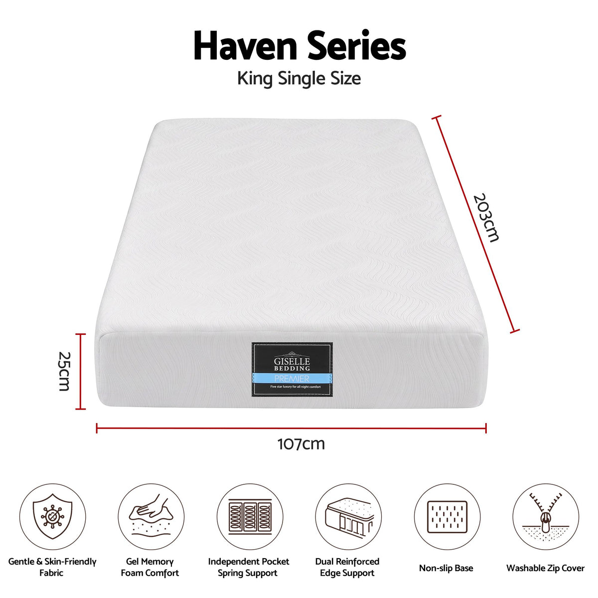 25cm King Single Hybrid Mattress with Gel Foam and Edge Support - White