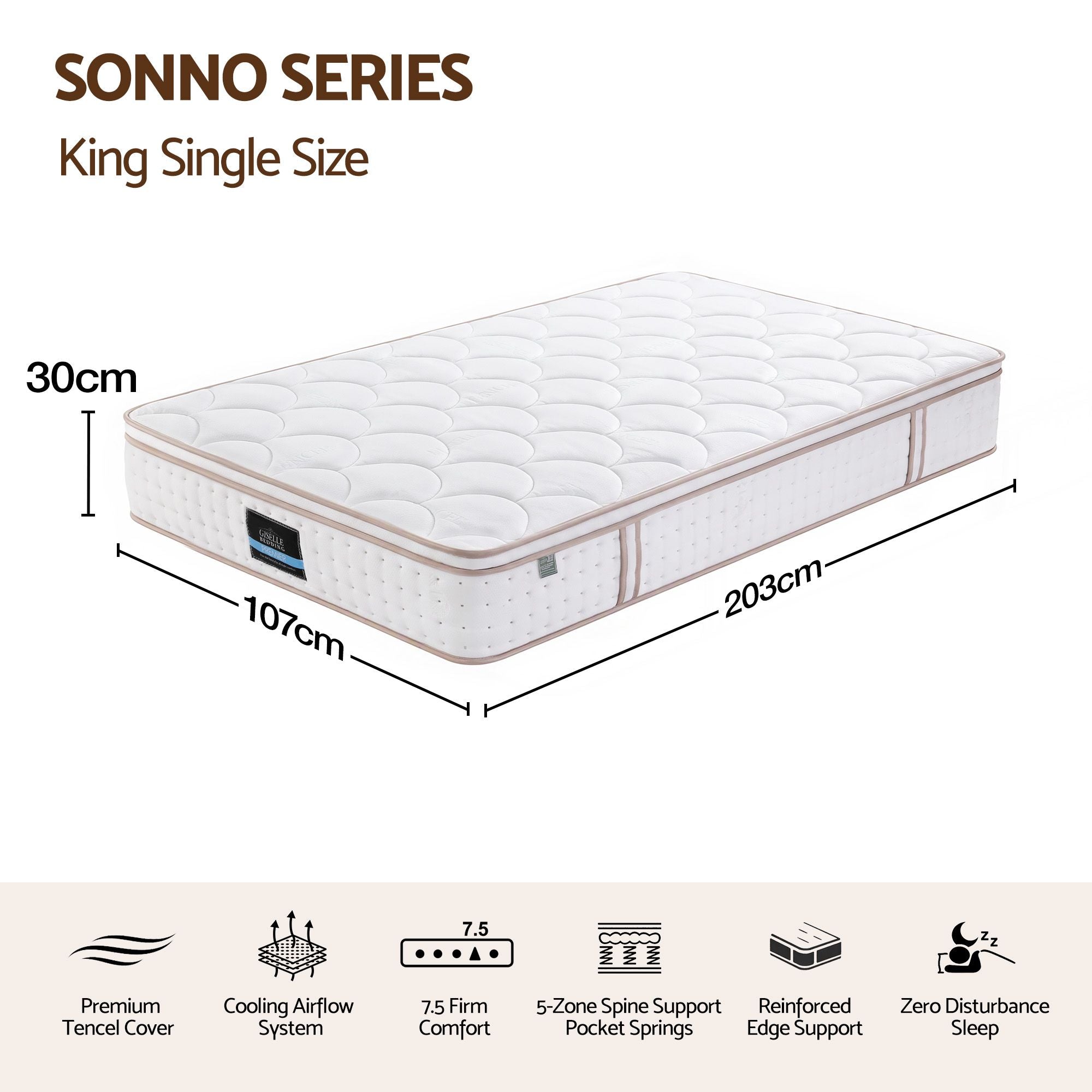30cm King Single Spring Mattress with 5-Zone Firm Back Support and Tencel Cover - White