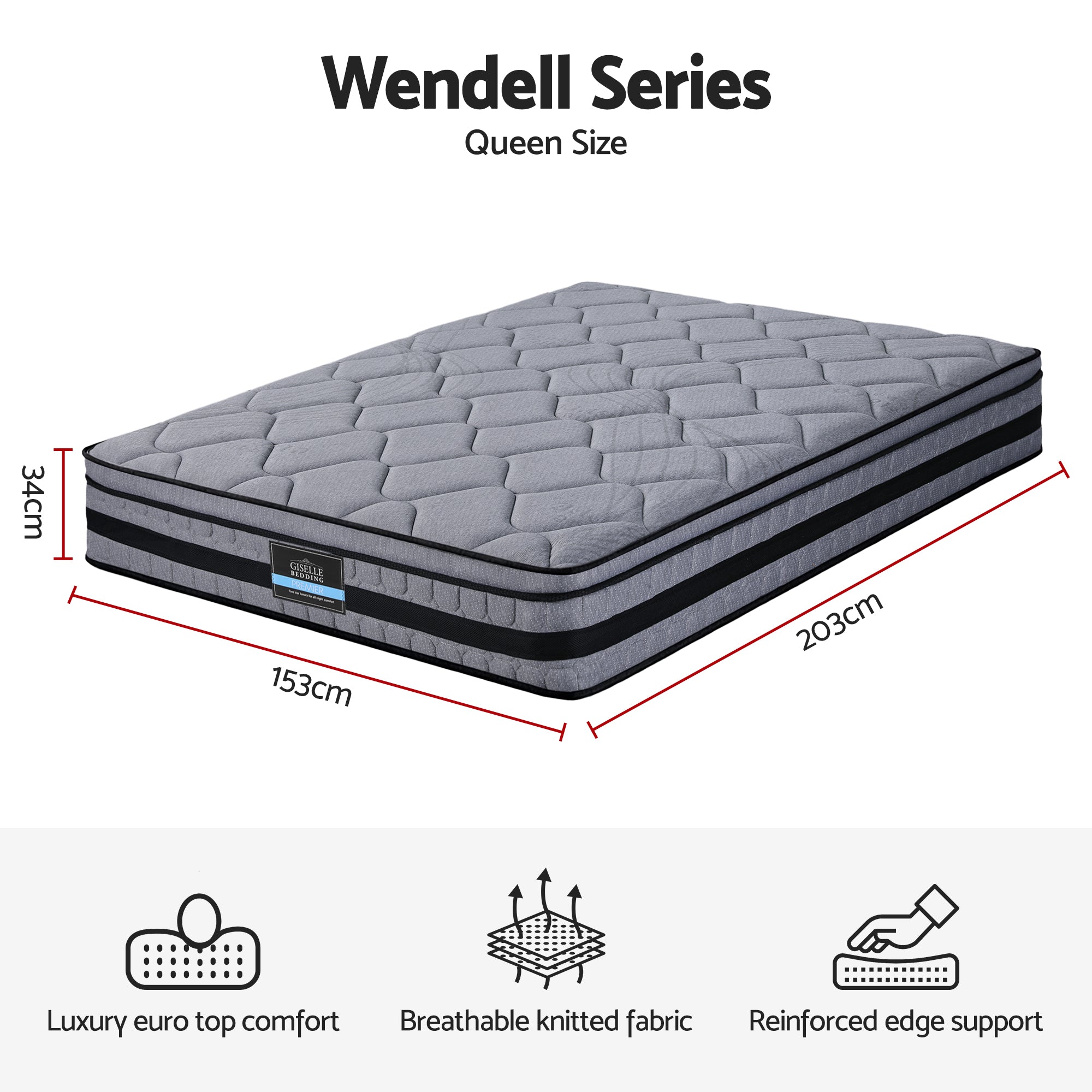 34cm Queen Hybrid Pocket Spring Mattress - Grey