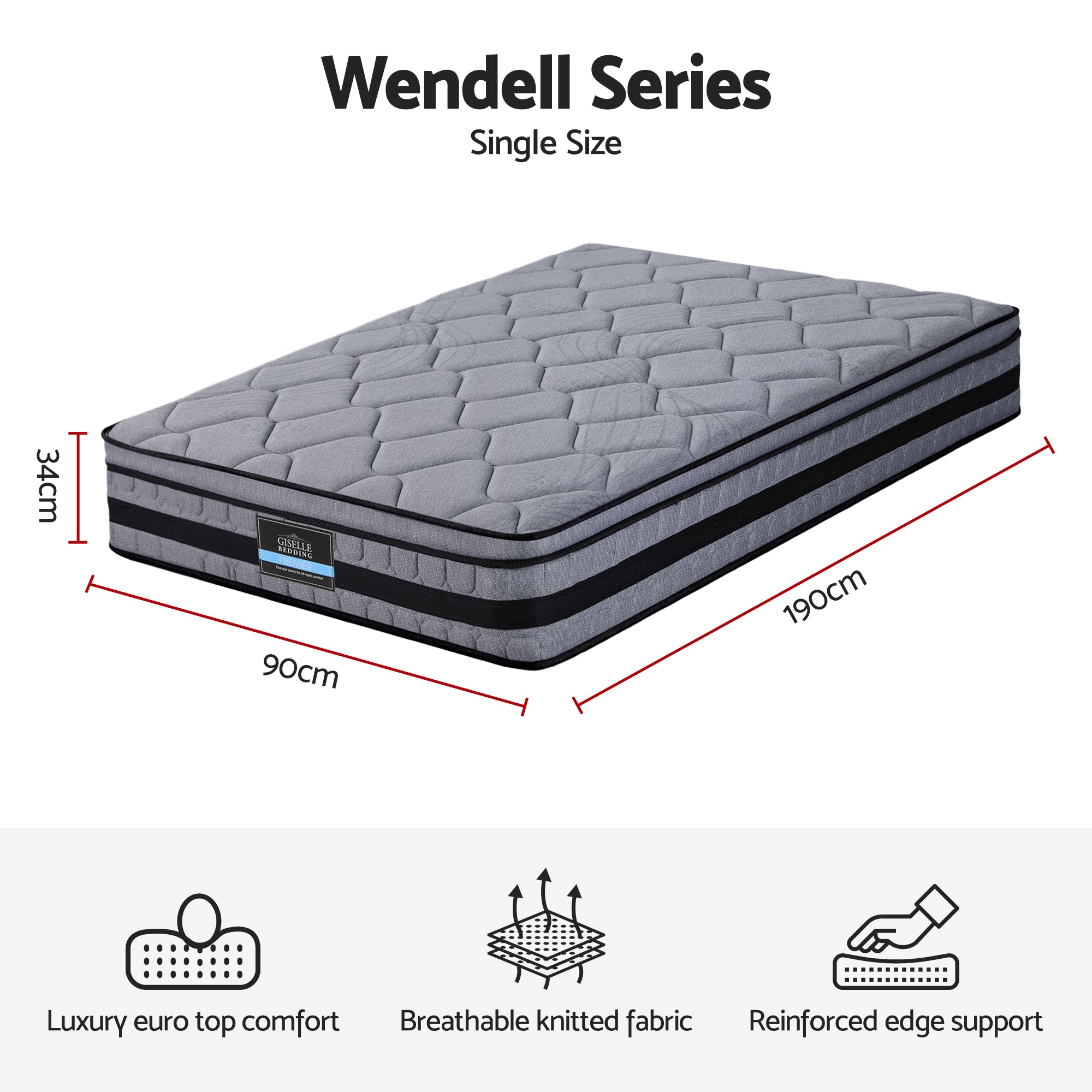 34cm Single Hybrid Pocket Spring Mattress - Grey