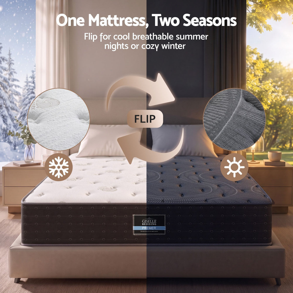 Double Reversible Spring Mattress 35cm with Cashmere Cover and Gel Foam Firm - White and Charcoal