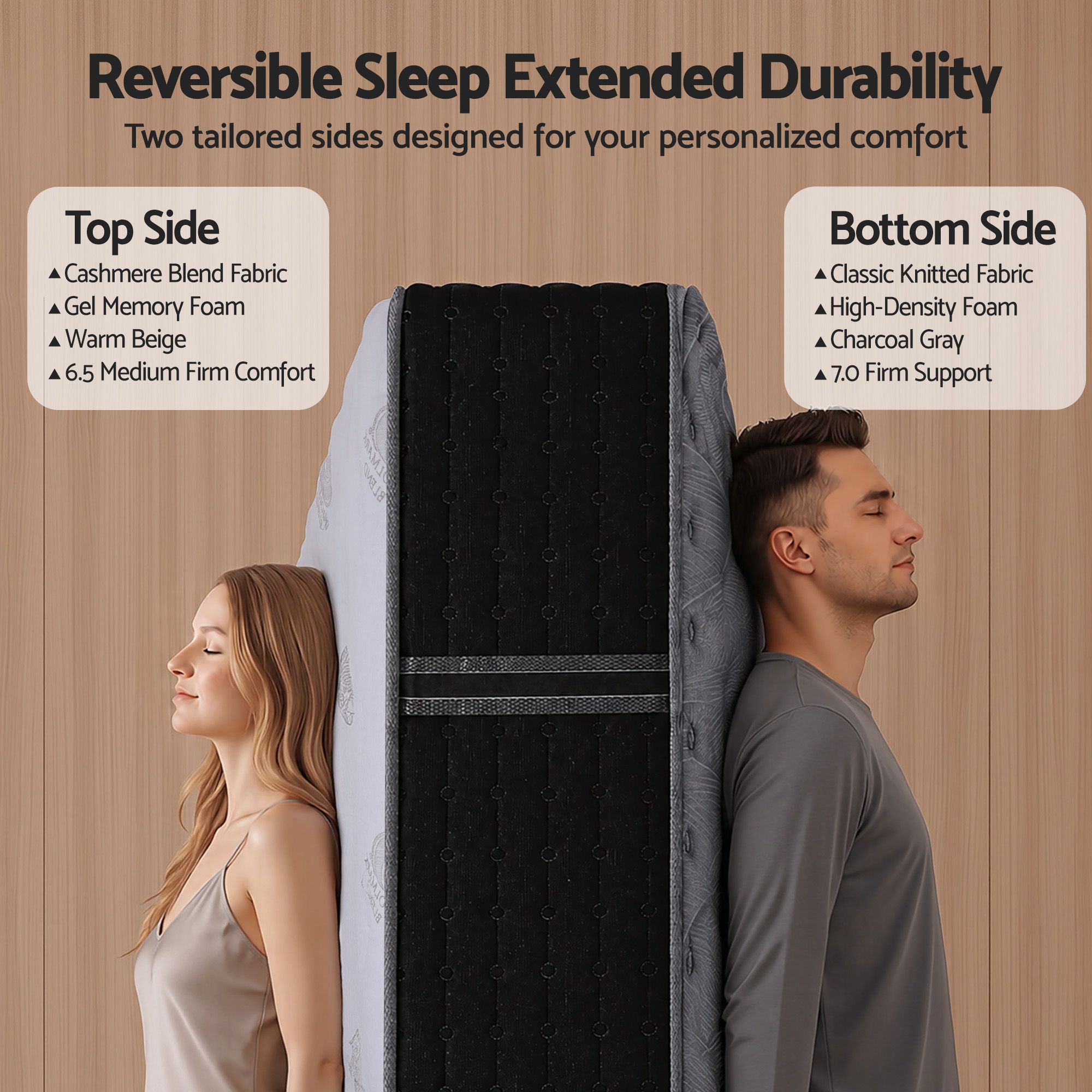 Single Reversible Spring Mattress 35cm Firm with Cashmere Cover and Gel Foam - White/Charcoal