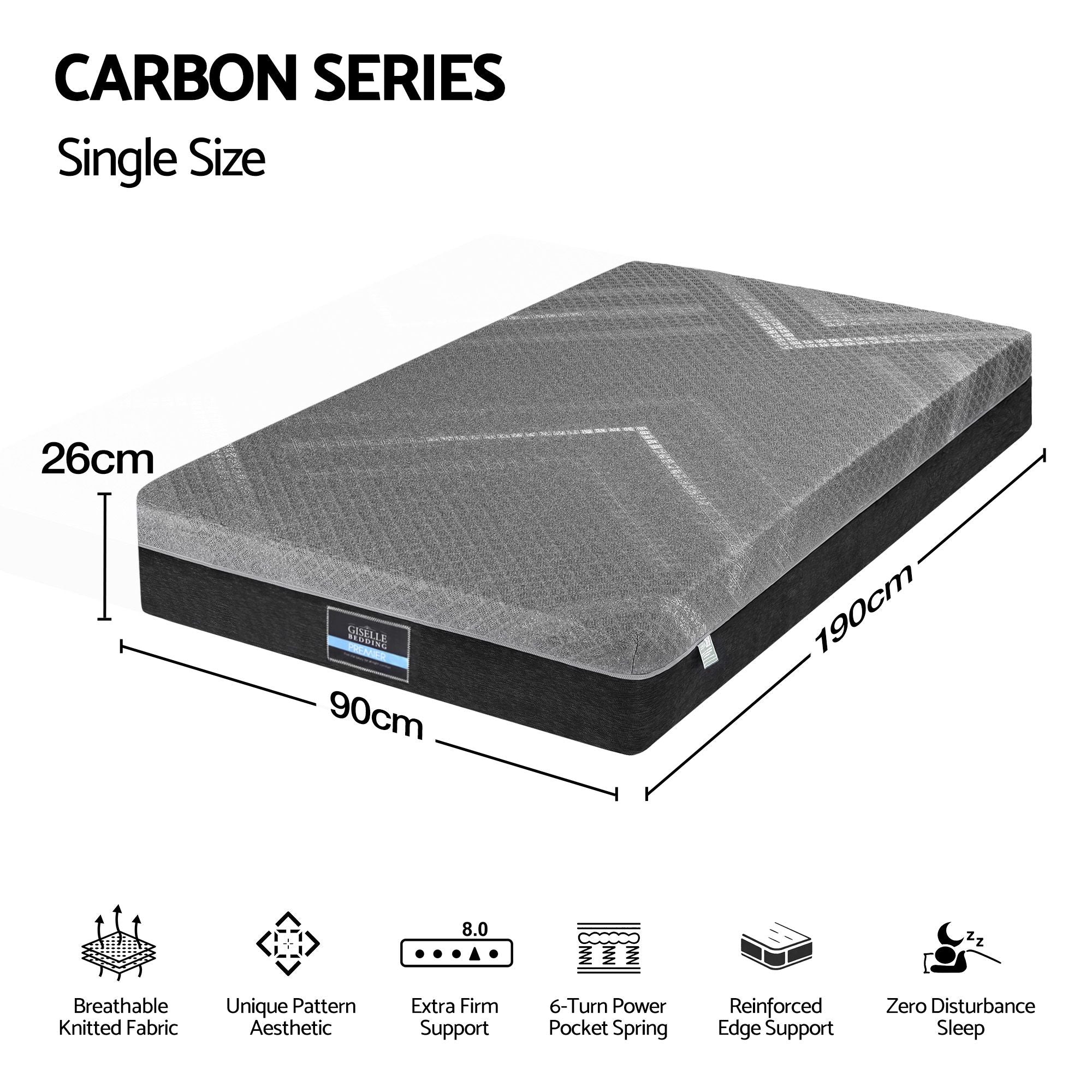 Single Mattress 26cm Firm Pocket Spring Dual Edge Support - Dark Grey