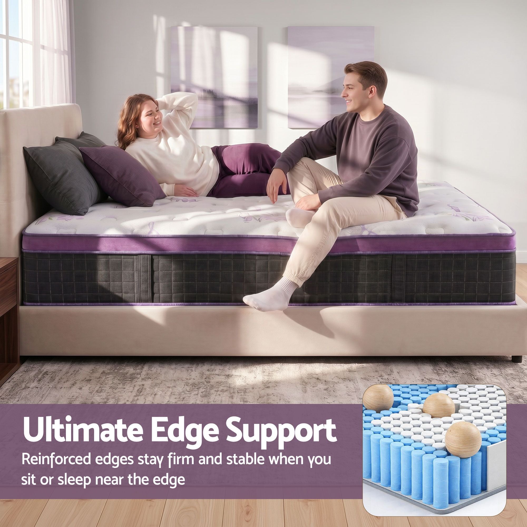 Double Euro Top Mattress Firm Pocket Spring with Edge Support 137x190cm - Purple & Black