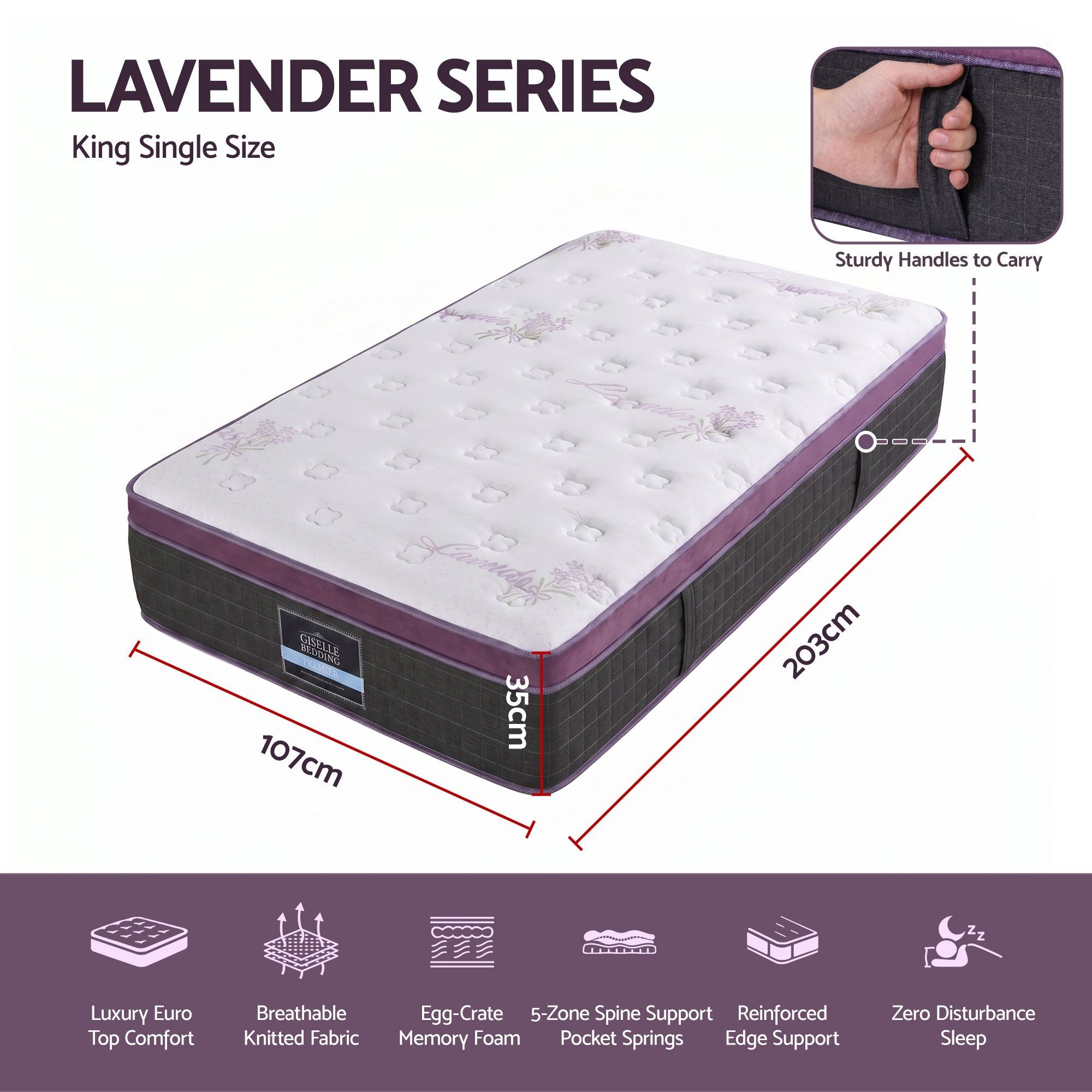King Single Euro Top Firm Pocket Spring Mattress with Edge Support - Purple & Black