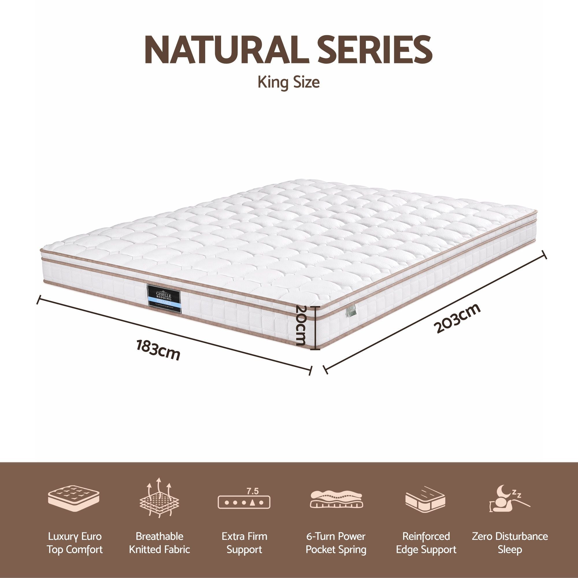 20cm Firm King Mattress Pocket Spring with Reinforced Edge Support - White