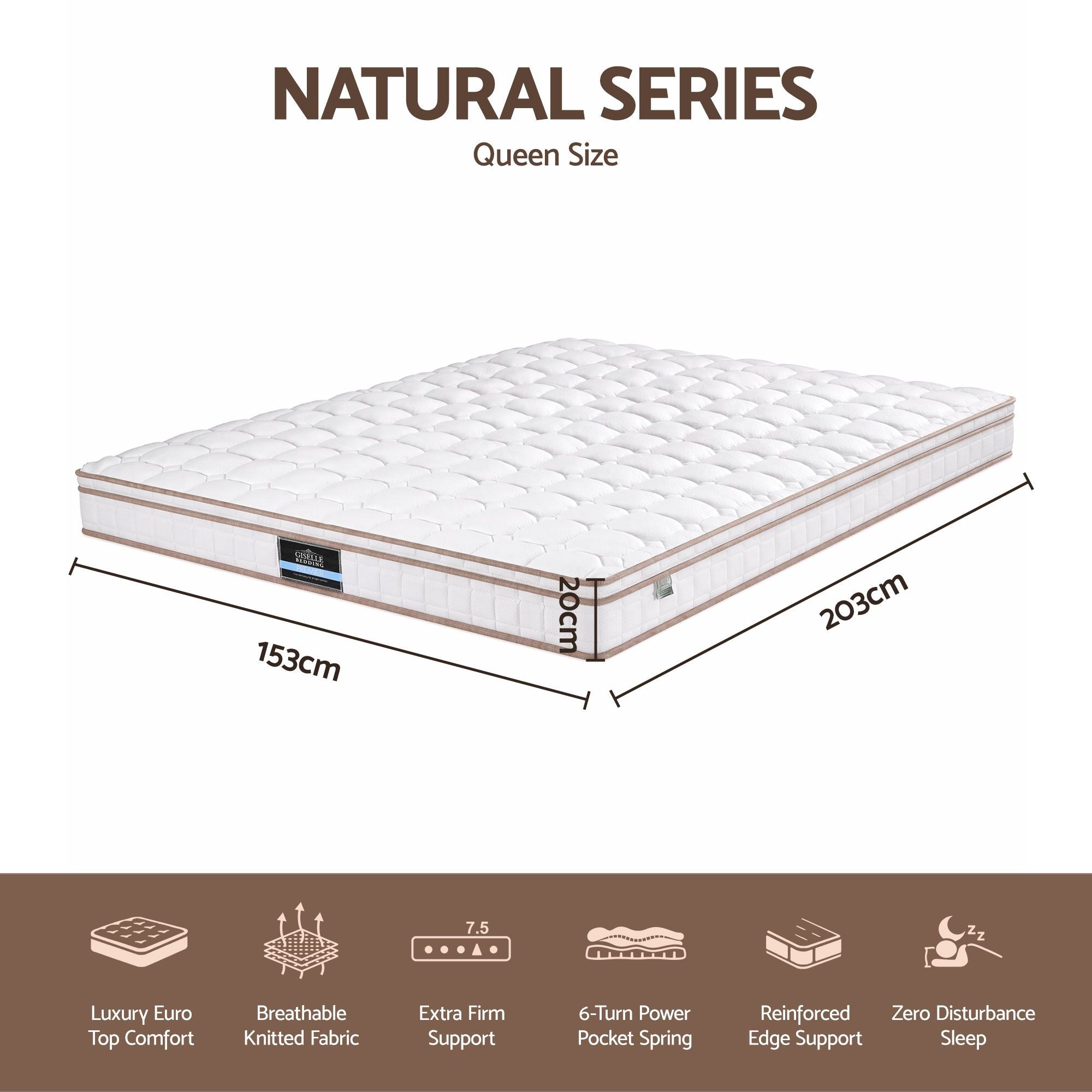 20cm Firm Queen Pocket Spring Mattress for Bedroom or Guest Room - White