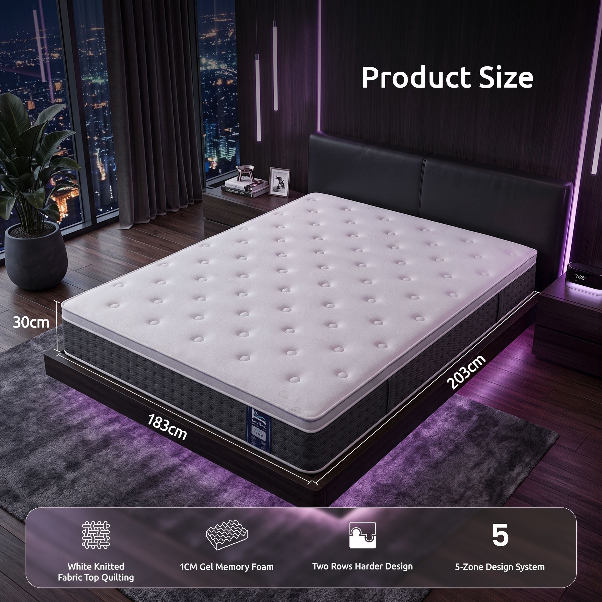 King 5-Zone Pocket Spring Mattress with Lumbar Support, Cooling Gel Memory & Egg-Crate Foam, Dual-Row Hardened Edges - White