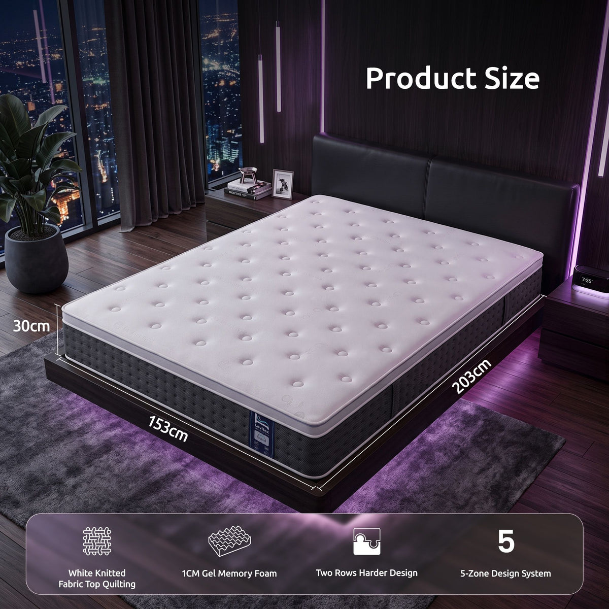 Queen 5-Zone Pocket Spring Mattress with Lumbar Support, Cooling Gel Memory & Egg-Crate Foam, Medium Firm - White