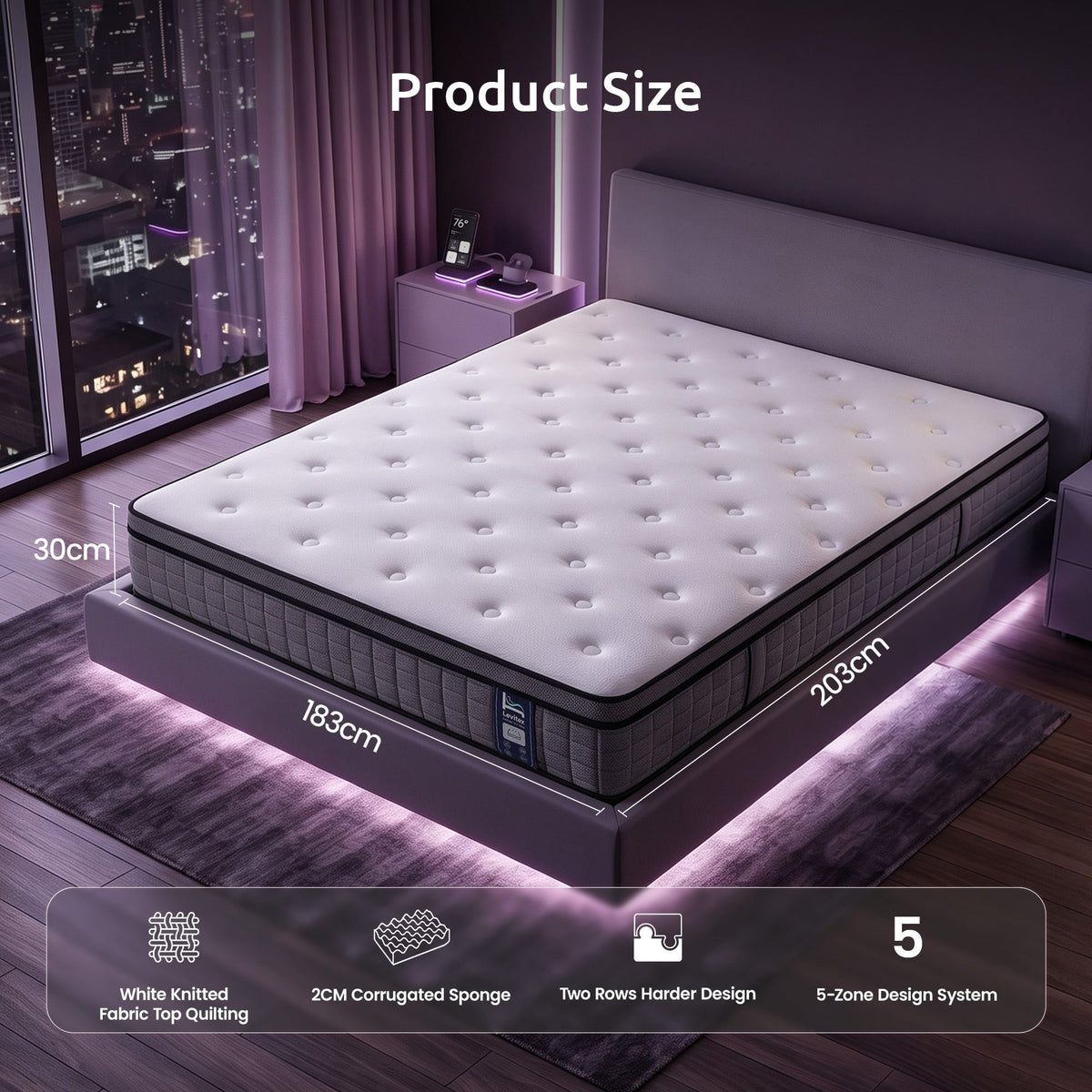 King 5-Zone Pocket Spring Mattress with 2 Rows Edge Support and Breathable Corrugated Sponge 30cm - White