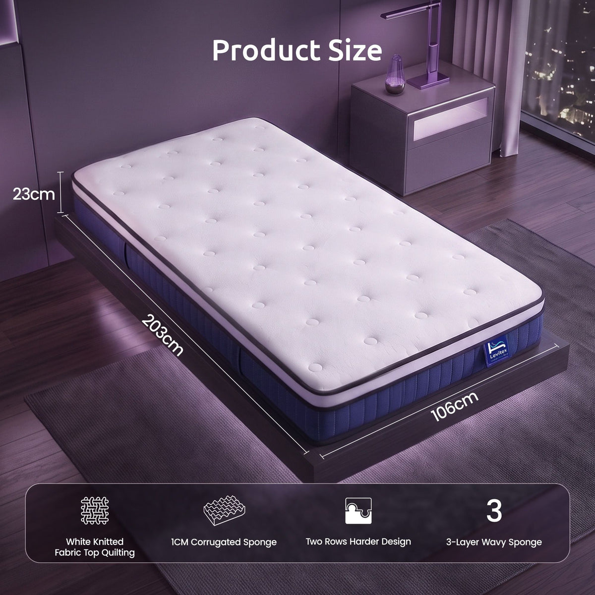King Single 23cm Pocket Spring Mattress with Cooling Gel Foam, Medium-Firm Support - White