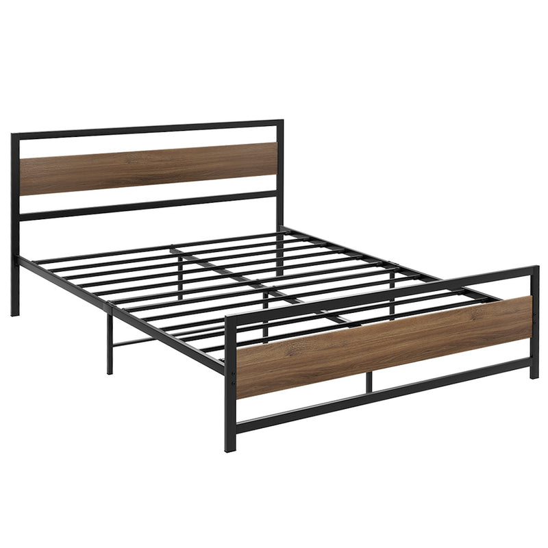 Industrial Style Queen Metal Bed Frame Wood & Black