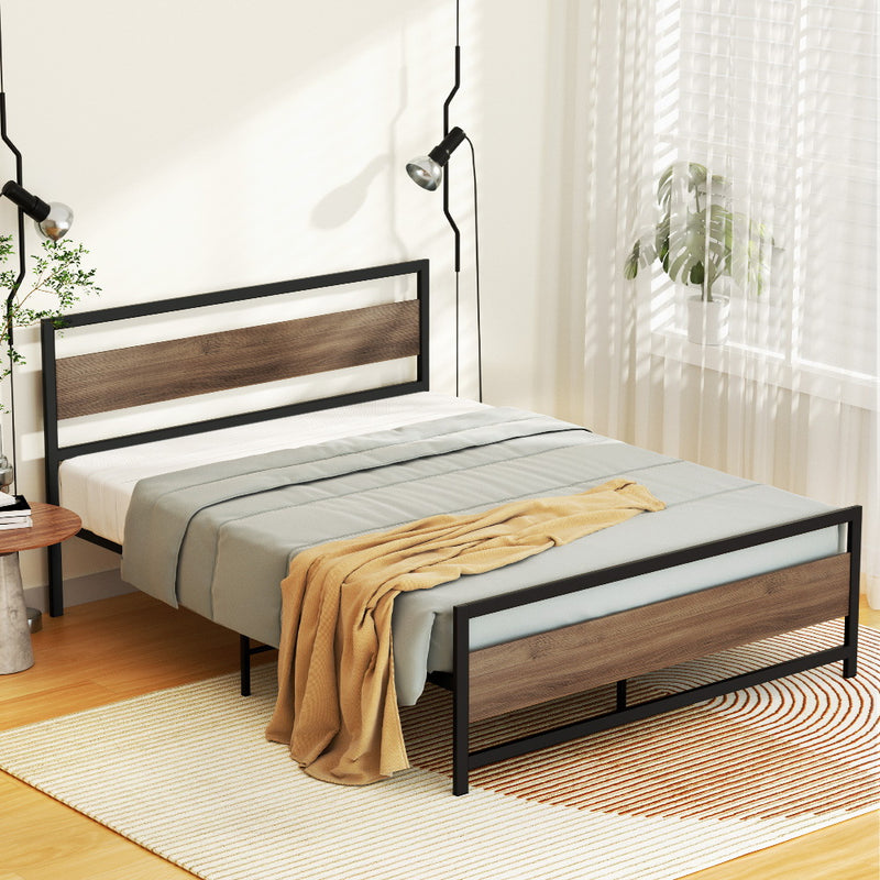 Industrial Style Queen Metal Bed Frame Wood & Black