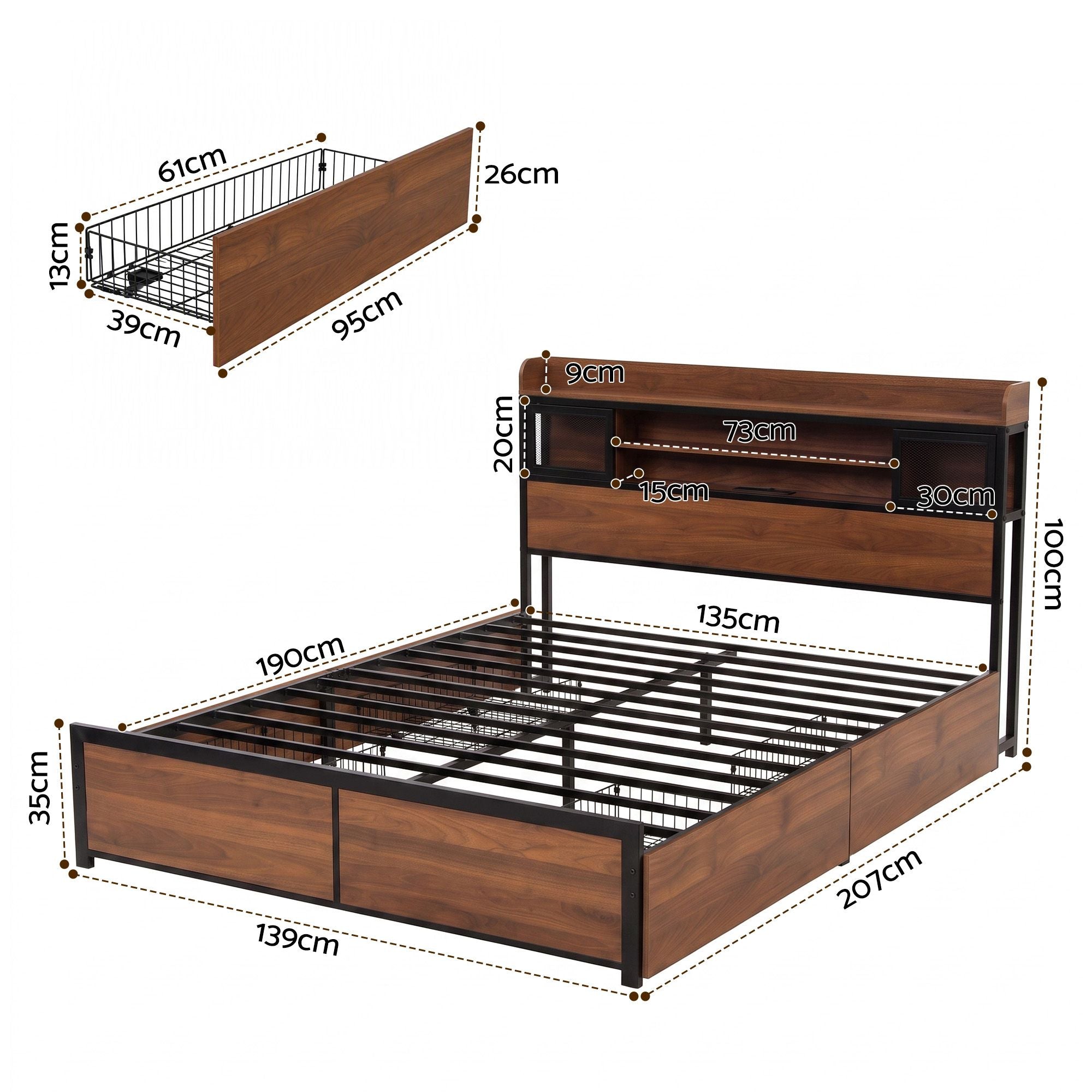 Double Bed Frame with Charging Station and 4 Drawers Storage - Oak