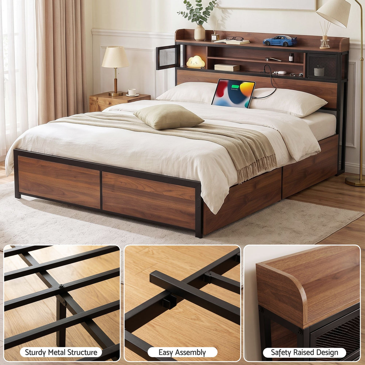 Double Bed Frame with Charging Station and 4 Drawers Storage - Oak