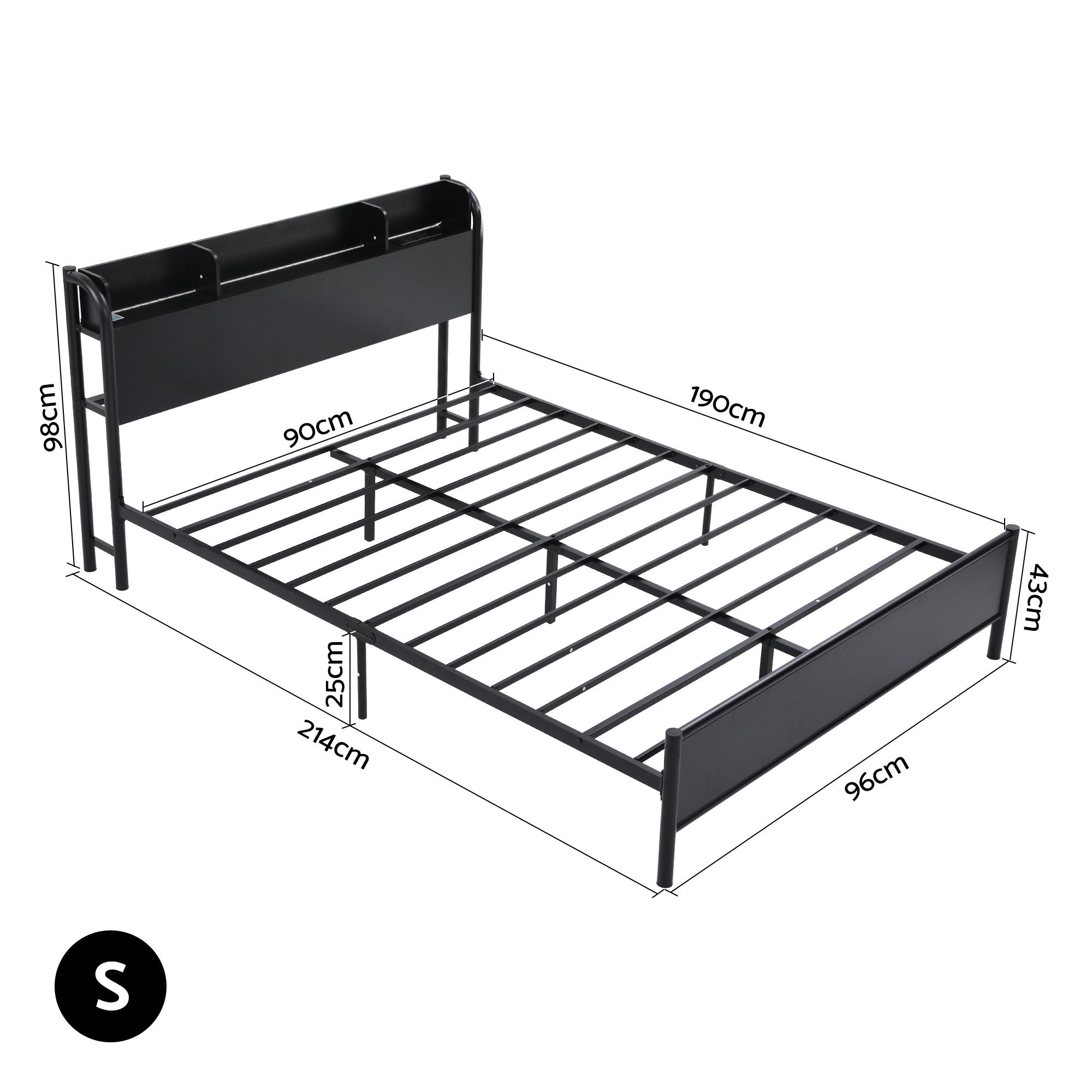 Bed Frame Single Size with Storage Shelf Headboard Charging Station GRID