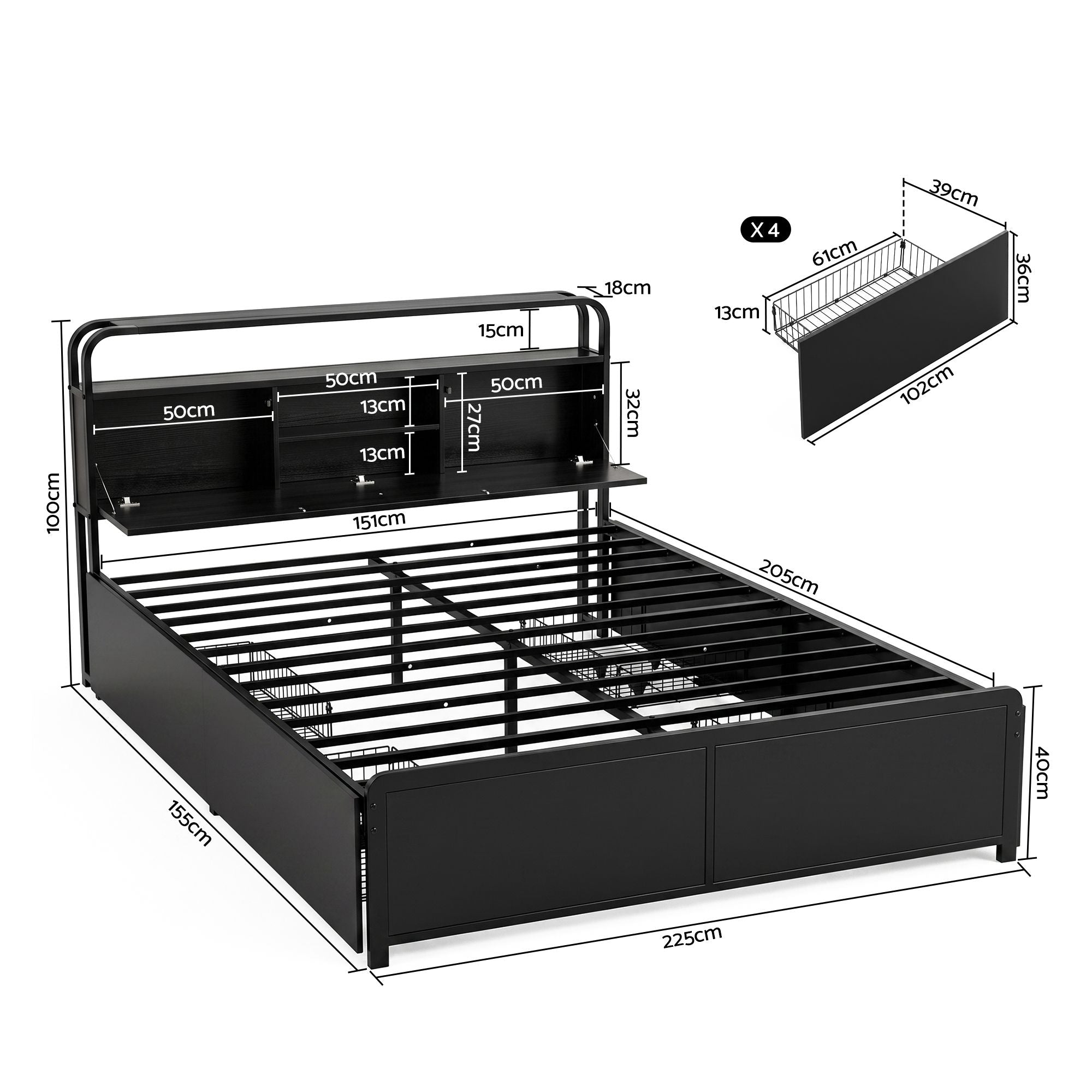 Artiss Queen Metal Bed Frame 4 Drawers Hidden Storage Headboard HEDY