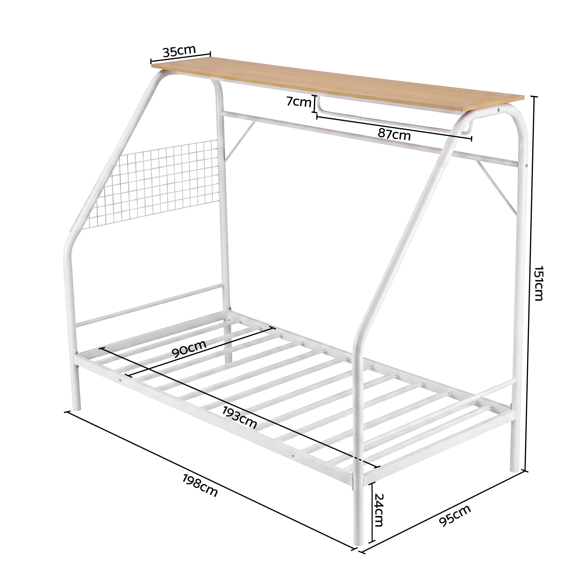 Single House Bed Frame Metal Canopy Bed Storage Shelf for Kids White
