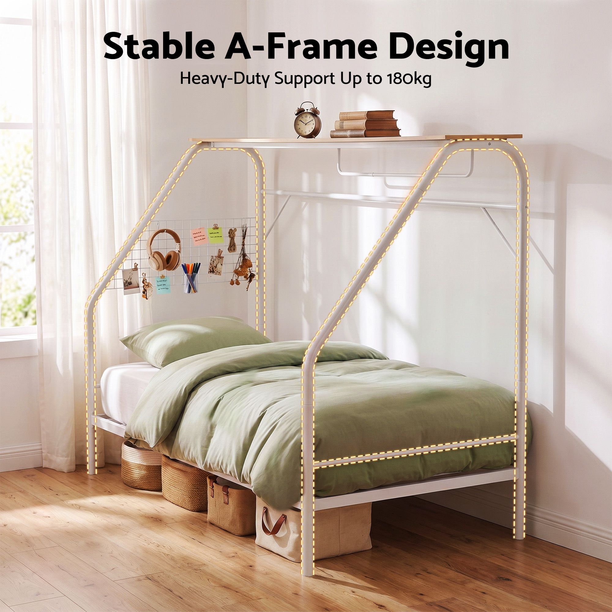 Single House Bed Frame Metal Canopy Bed Storage Shelf for Kids White