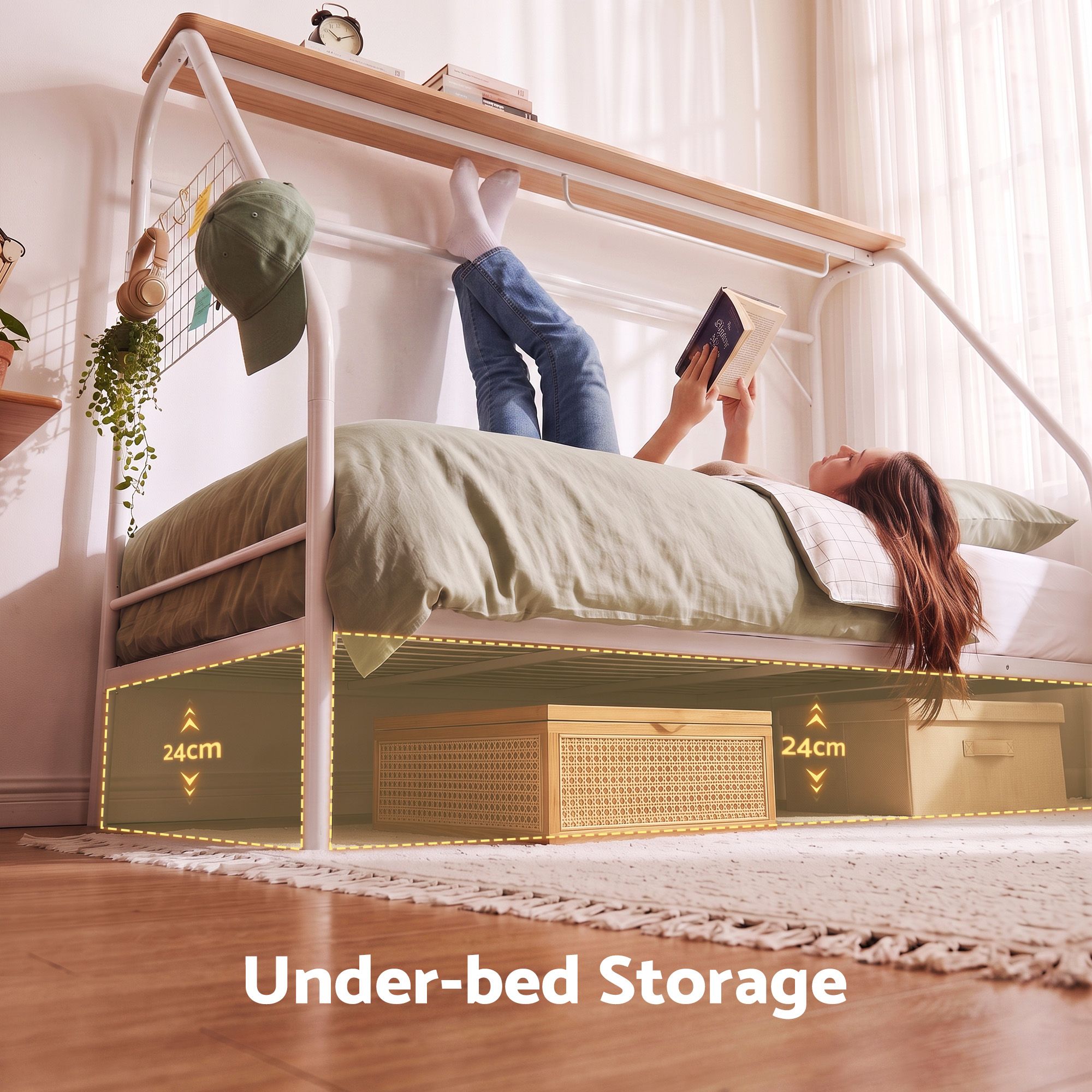 Single House Bed Frame Metal Canopy Bed Storage Shelf for Kids White