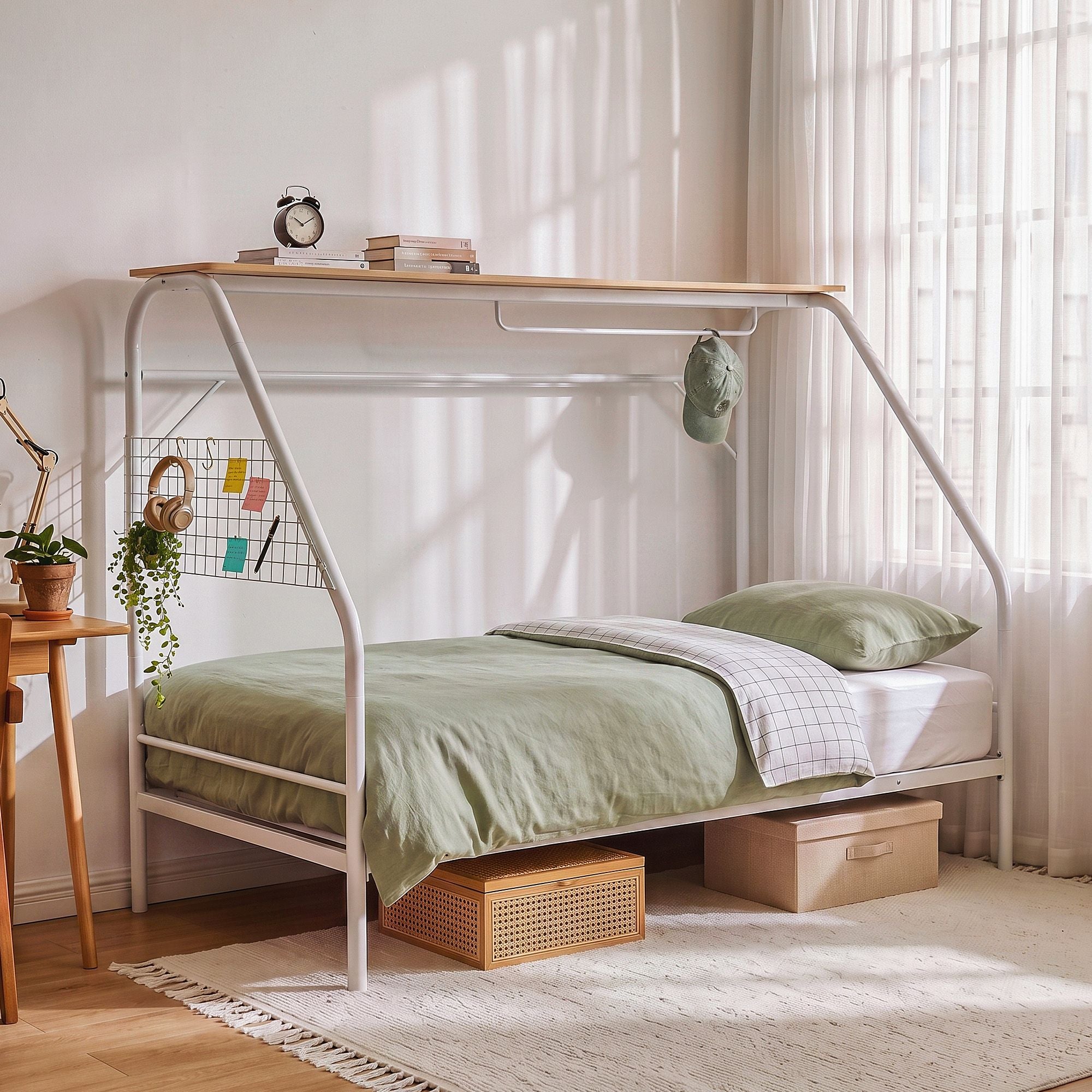Single House Bed Frame Metal Canopy Bed Storage Shelf for Kids White
