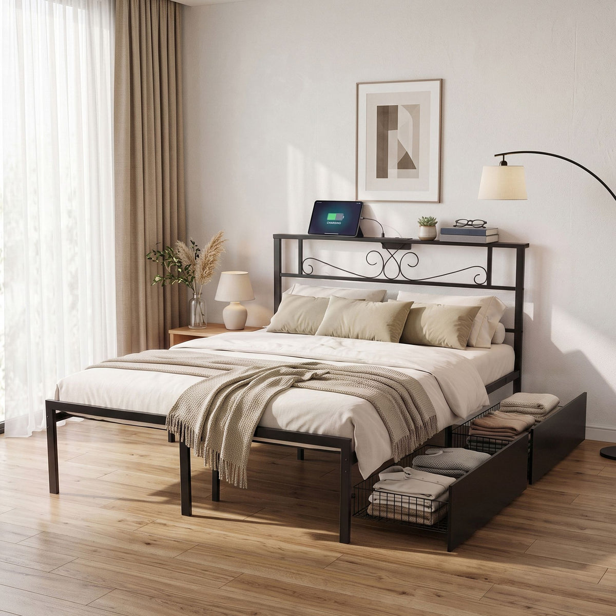 Double Metal Bed Frame with Charging Station & Storage Drawers - Black