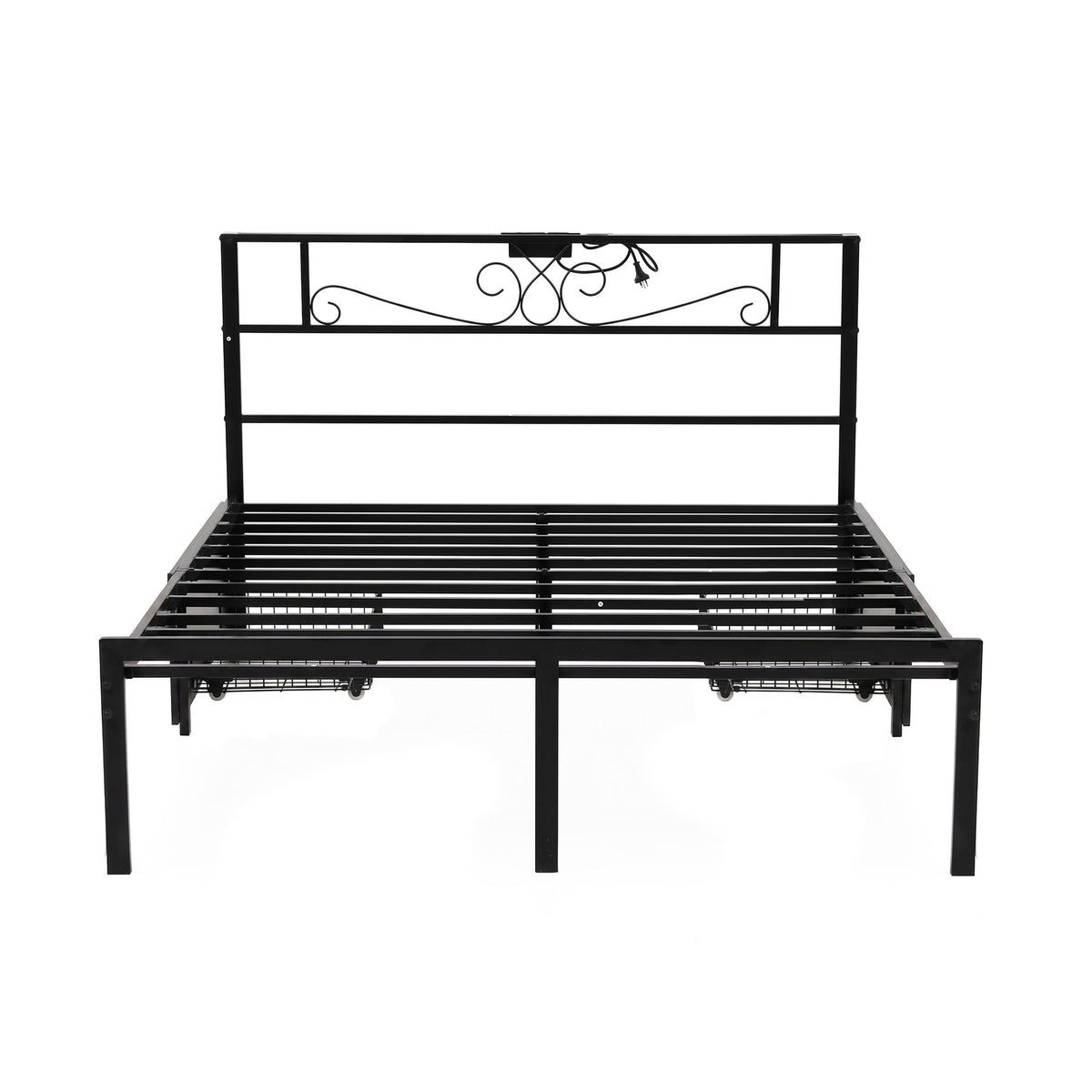 Double Metal Bed Frame with Charging Station & Storage Drawers - Black