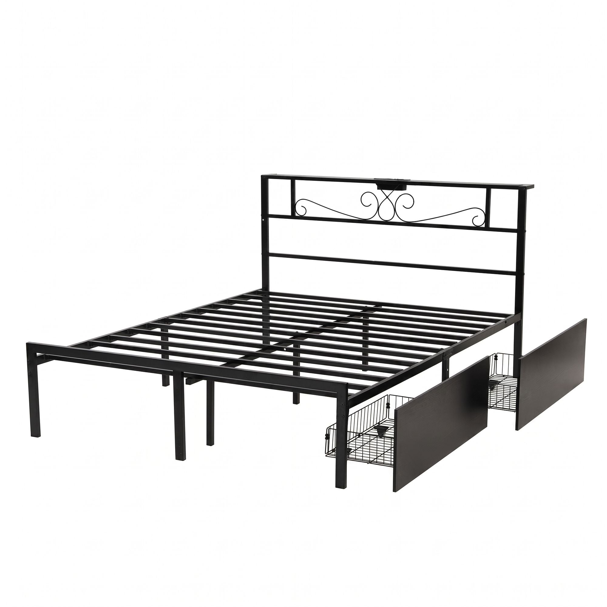 Queen Metal Bed Frame with Charging Station & Storage Drawers - Black