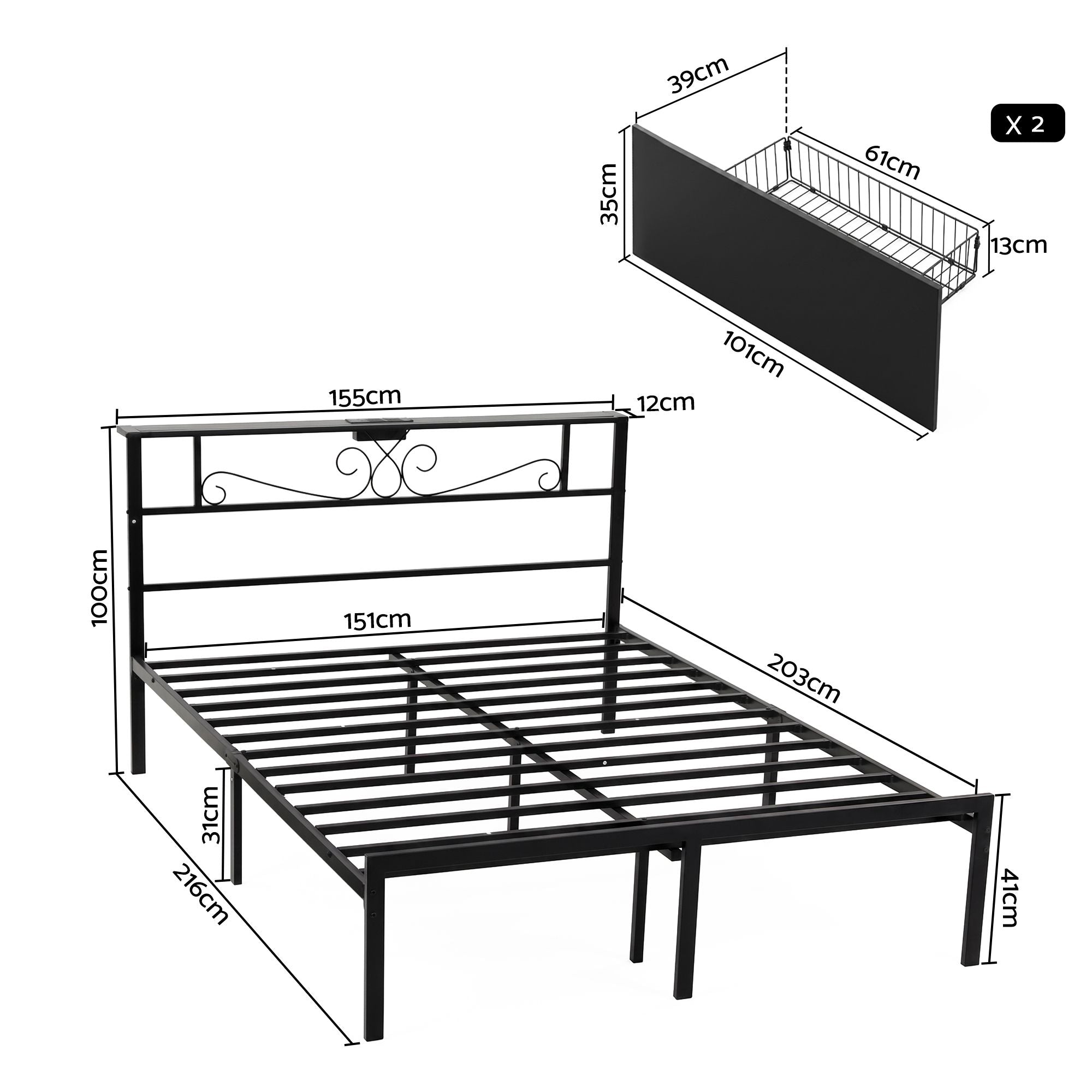 Queen Metal Bed Frame with Charging Station & Storage Drawers - Black