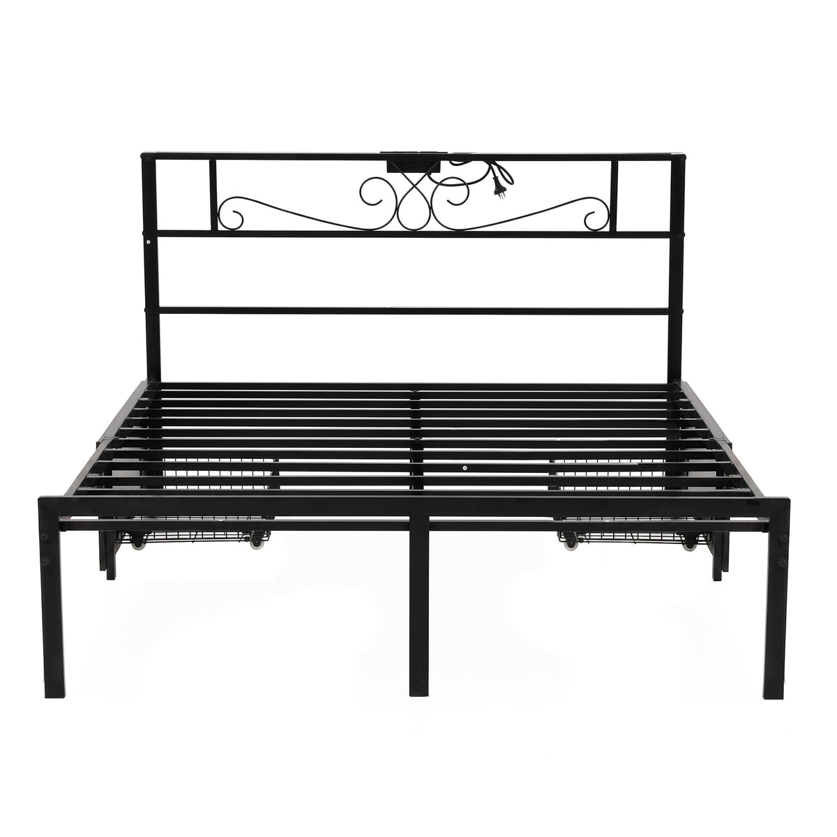 Queen Metal Bed Frame with Charging Station & Storage Drawers - Black