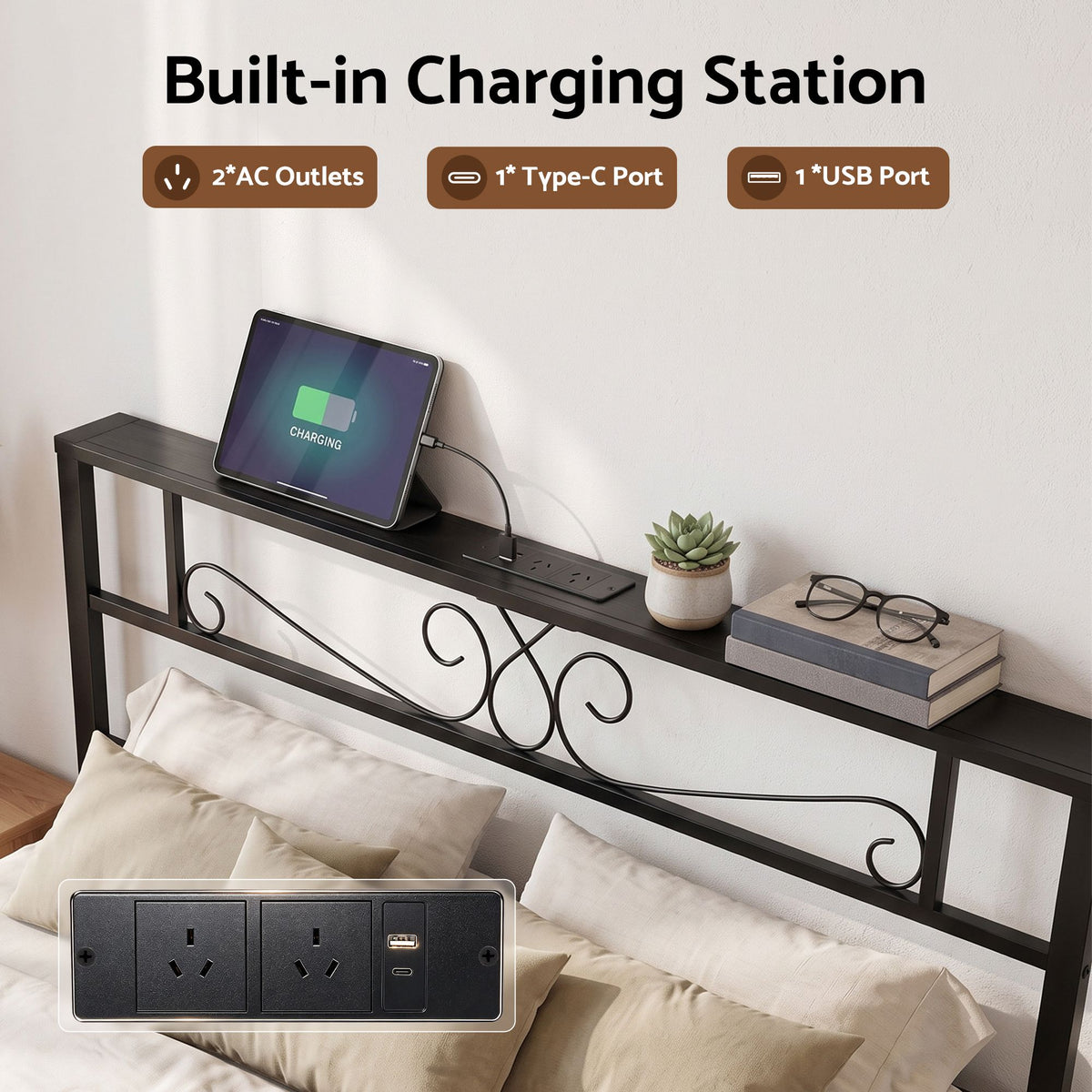 Queen Metal Bed Frame with Charging Station & Storage Drawers - Black