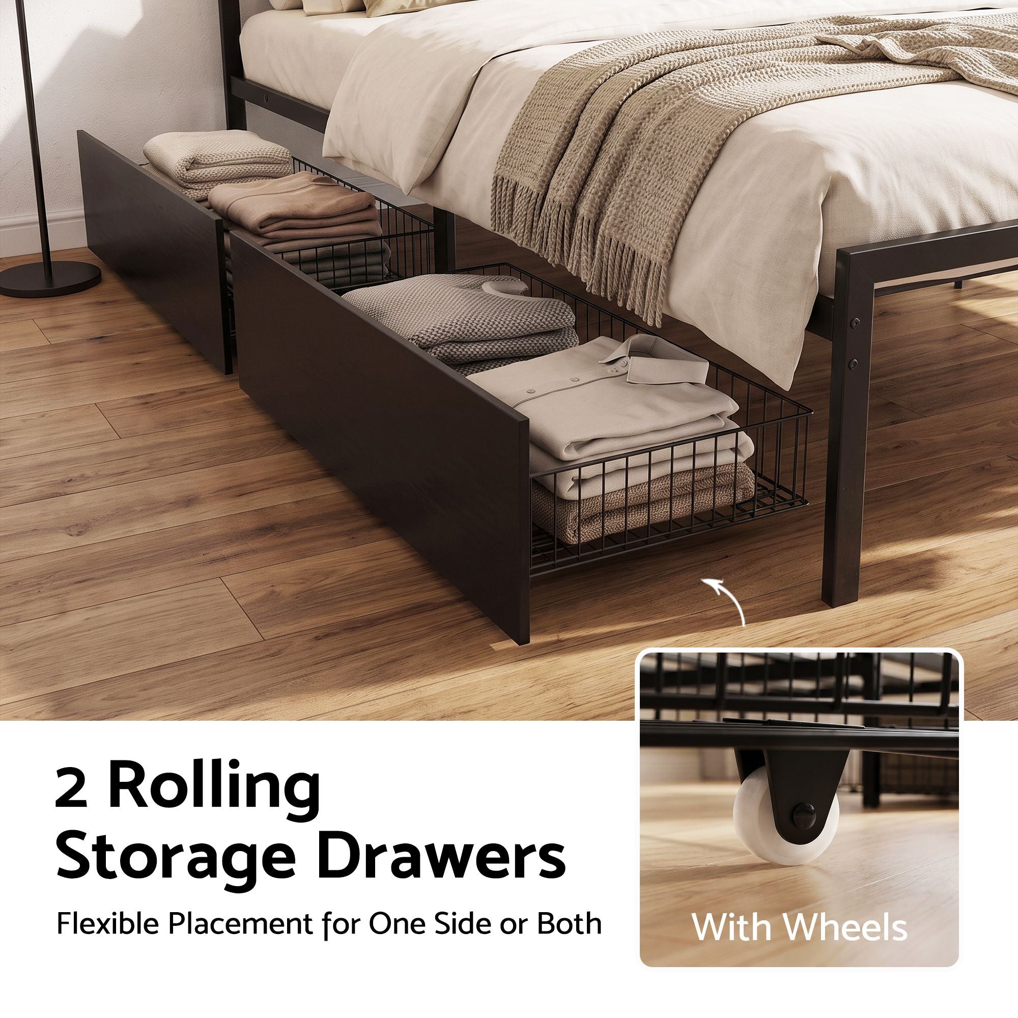 Queen Metal Bed Frame with Charging Station & Storage Drawers - Black