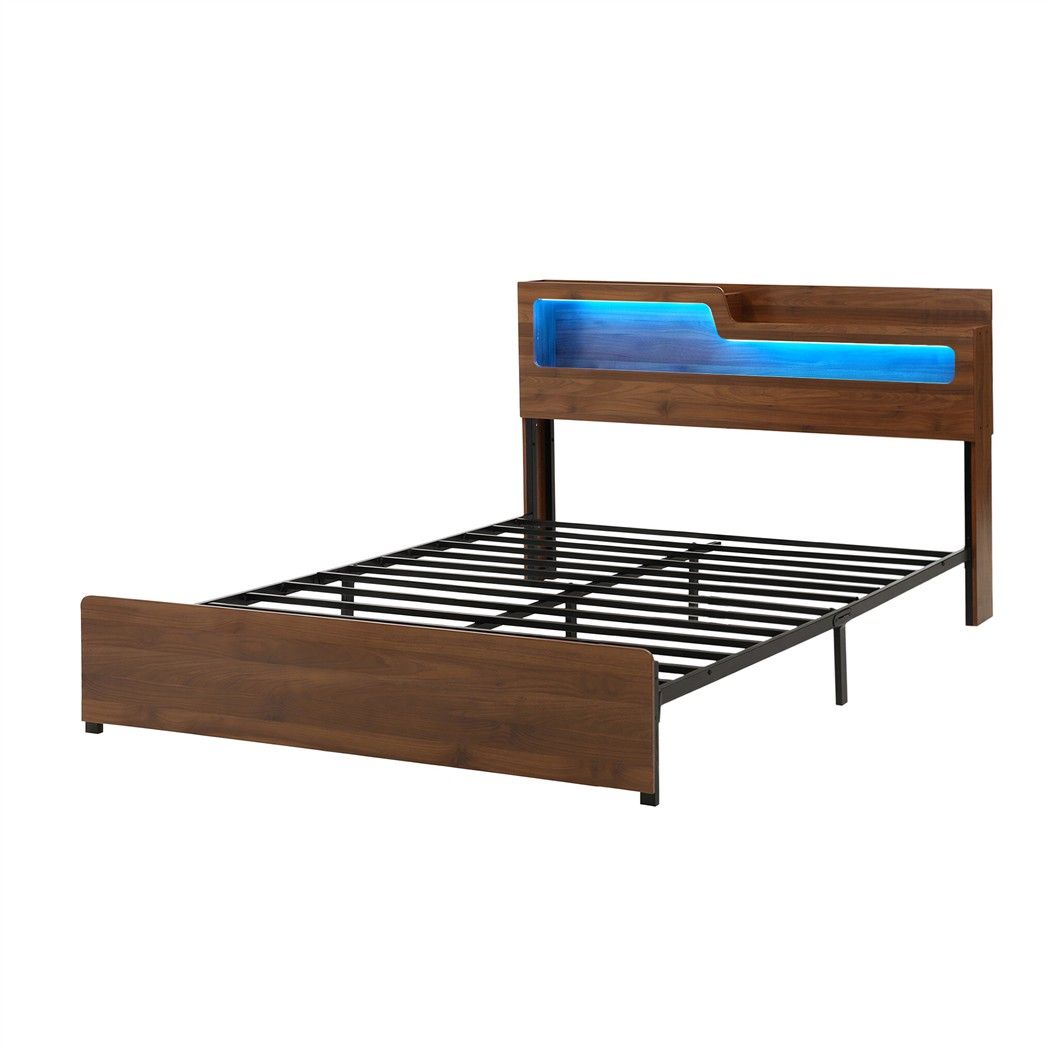 Double Bed Frame Metal with Charging Station LED Light Storage Shelf