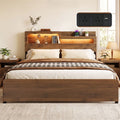 King Bed Frame Metal with Charging Station LED Light Storage Shelf