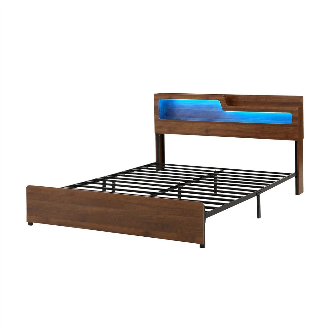King Bed Frame Metal with Charging Station LED Light Storage Shelf