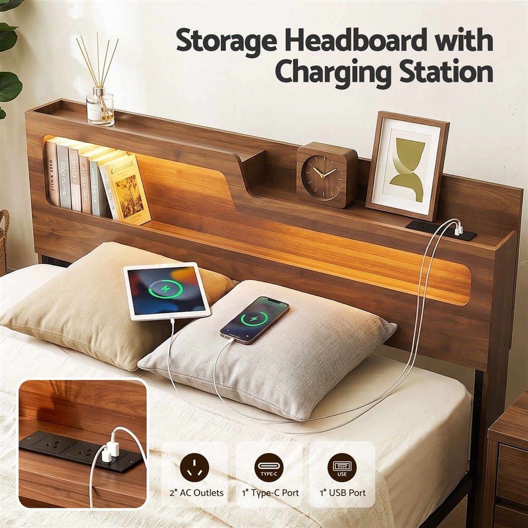 King Bed Frame Metal with Charging Station LED Light Storage Shelf