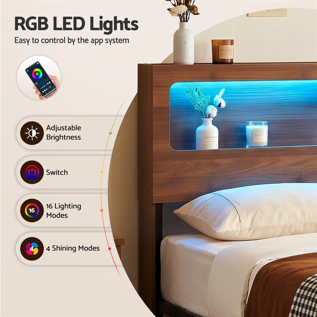 King Bed Frame Metal with Charging Station LED Light Storage Shelf