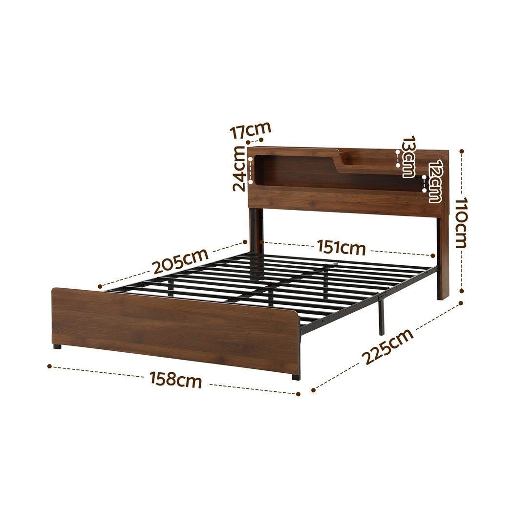 Queen Bed Frame Metal with Charging Station LED Light Storage Shelf